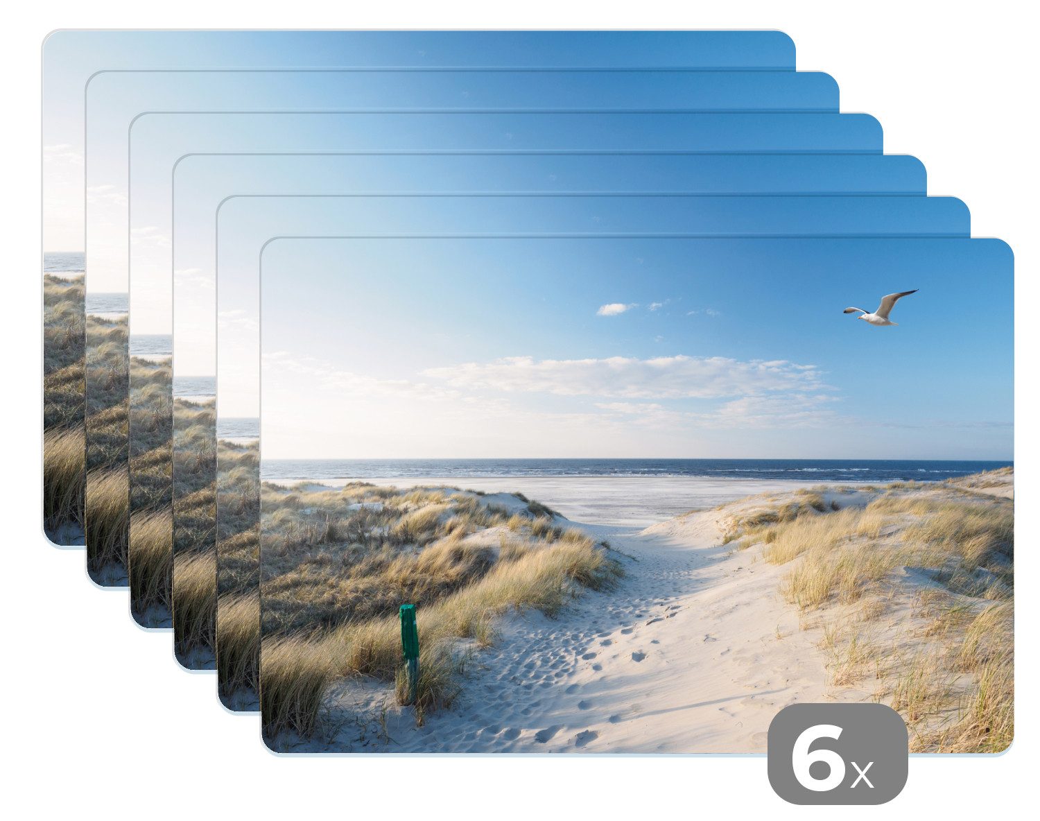 MuchoWow Platzset Düne - Möwe - Strand - Meer - Sonne, (6-St), Platzsets, Tischset, Abwaschbar, Tischsets, Platzdeckchen