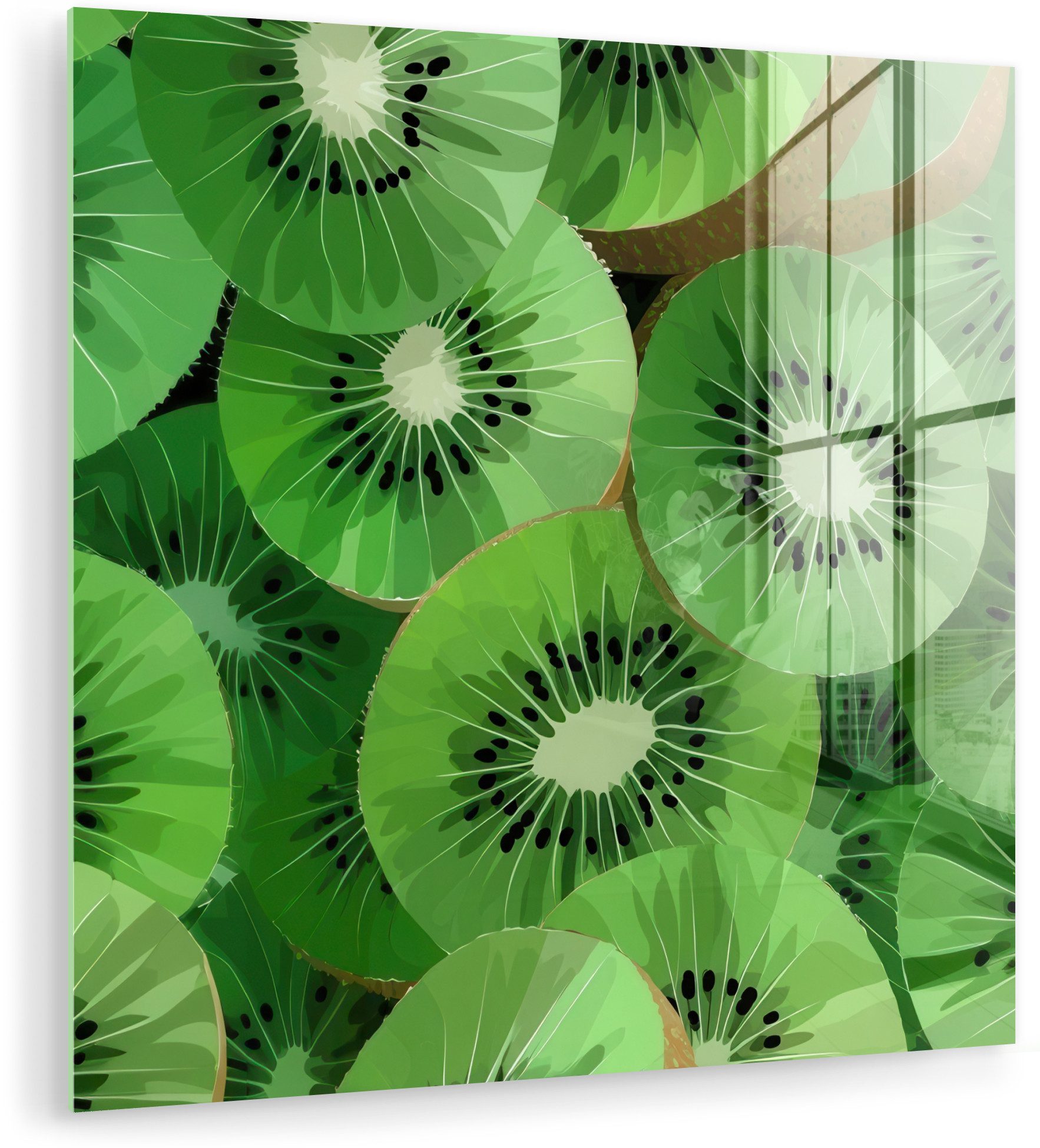 MuchoWow Acrylglasbild Kiwi - Grün - Kerne, Inkl. Aufhängung, Bilder auf Glas Wandbild, Wanddeko Wohnzimmer Badezimmer, 20x20 cm