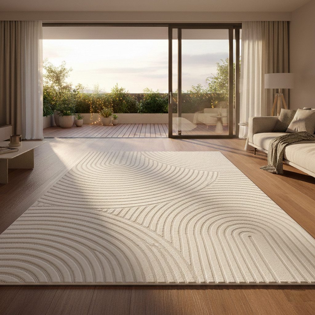 Vimoda Designteppich hoch/tief Motiv, Kurzflor Teppich Creme, Uni, Rechteckig, Höhe: 10 mm, Teppich Boho Design, Wohnzimmer, Schlafzimmer& Küche