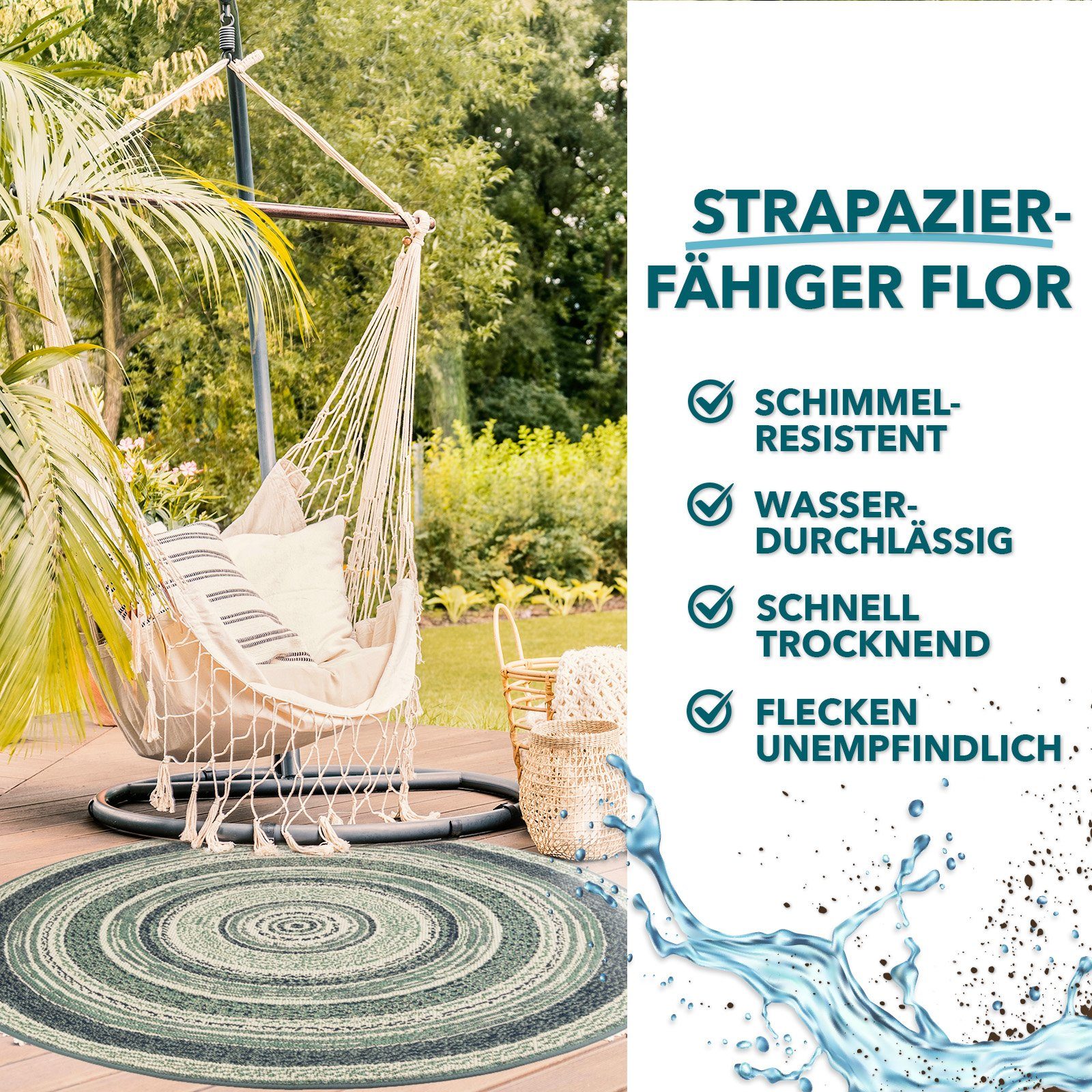Kubus Teppich Leyla, 4 Farben, In- & Outdoor geeignet, 100% Polypropylen, Rund, Höhe: 7 mm, pflegeleicht, Wohnzimmer