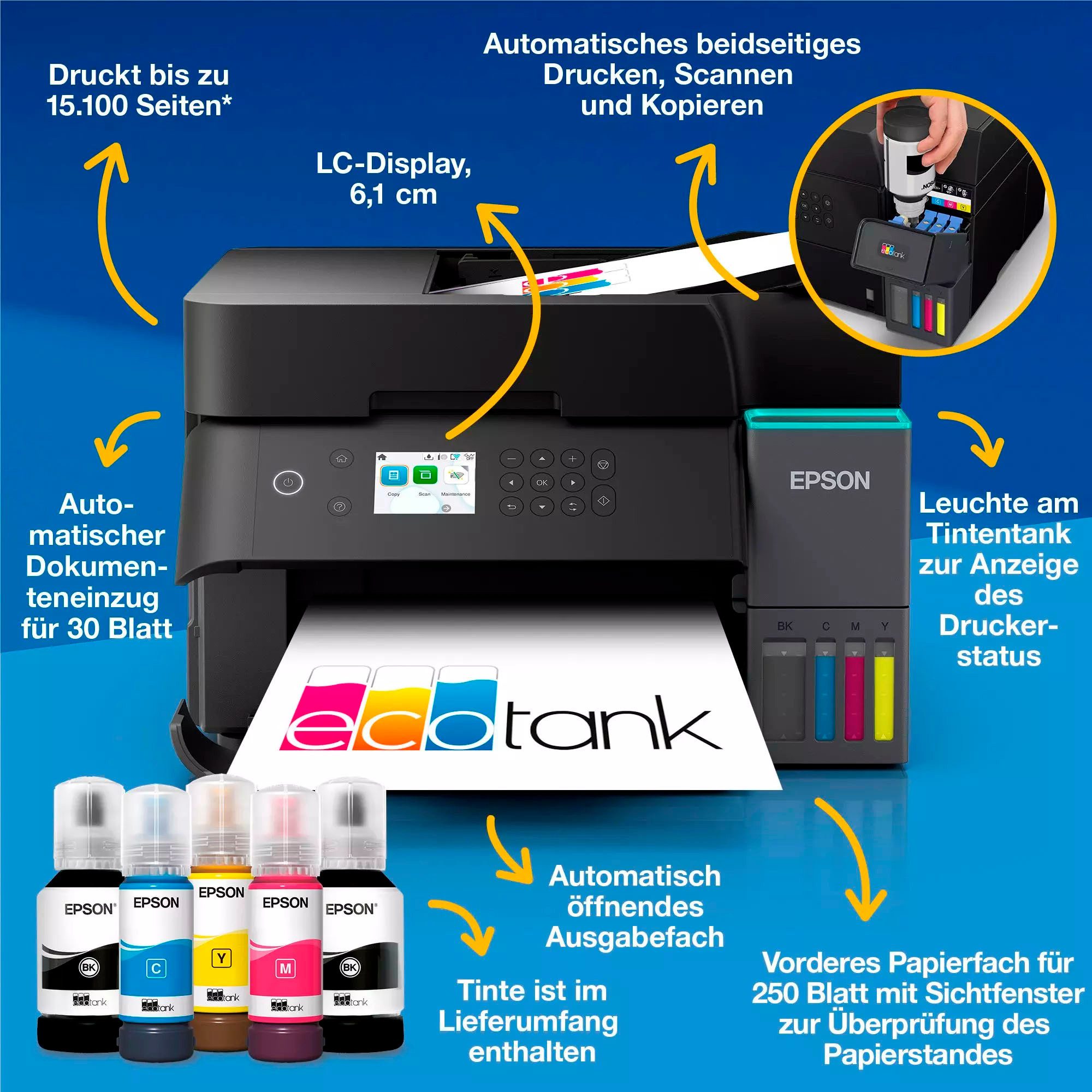 Epson EcoTank ET-3950 Multifunktionsdrucker, (LAN (Ethernet), WLAN (Wi-Fi), Wi-Fi Direct, Tintentankdrucker, mit enthaltener Tinte für bis zu 3 Jahre)