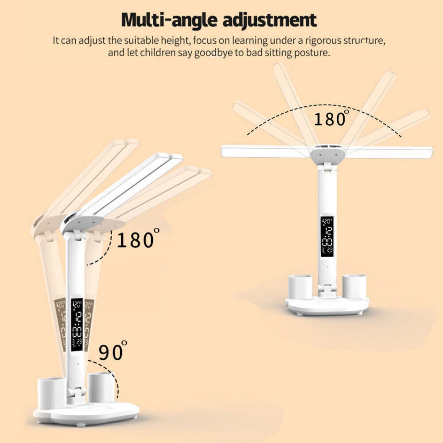 OYLCDI LED Schreibtischlampe LED Doppelkopf Dimmbare Tischleuchte mit Stifthalter 360° Schwenkbare, LED fest integriert, Warmweiß (3000K), Naturweiß (4500K), Kaltweiß (6000K), Touch-Steuerung, tragbar, faltbar,Augenschutz, Nachttischlampe