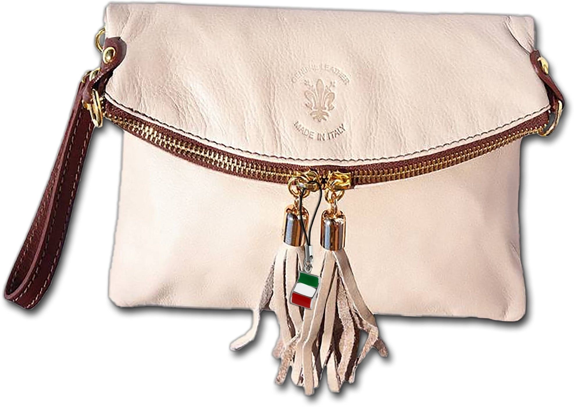 FLORENCE Clutch Florence 3in1 Echtleder Damentasche (Clutch, Clutch), Damen Tasche Echtleder, Rindsleder braun, beige, Made-In Italy