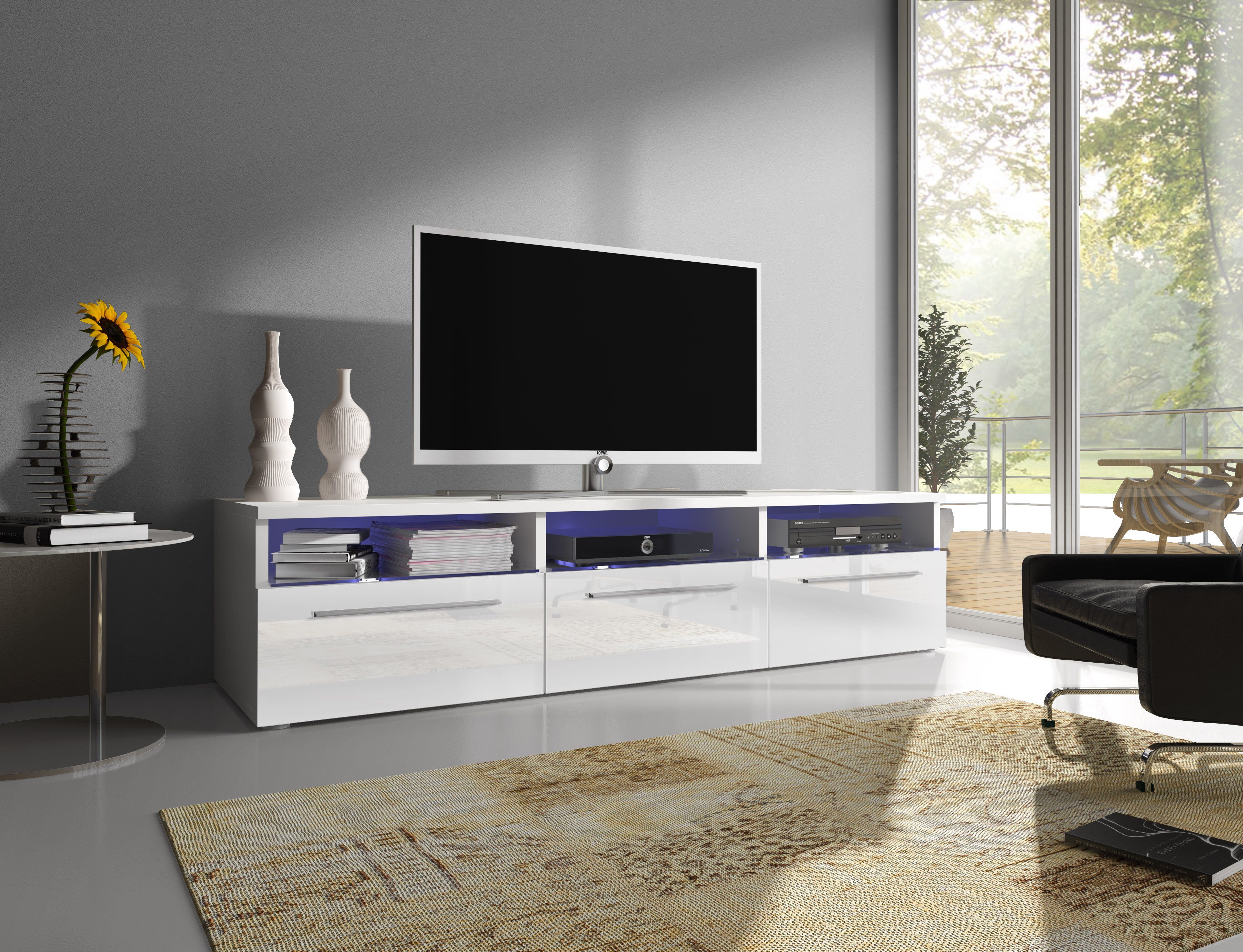 in Stauraum Weiß/Weiß Hochglanz Designer LED Lowboard Depose, mit und Baidani TV-Board