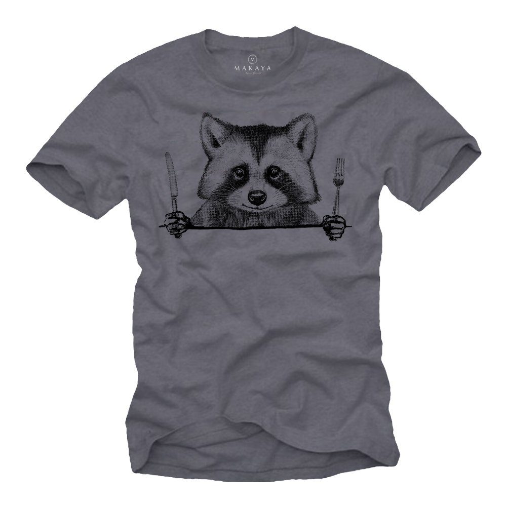 MAKAYA Print-Shirt Coole Tiermotive Waschbär Raccoon Essen Lustige Tiere Aufdruck Motiv Blaugrau