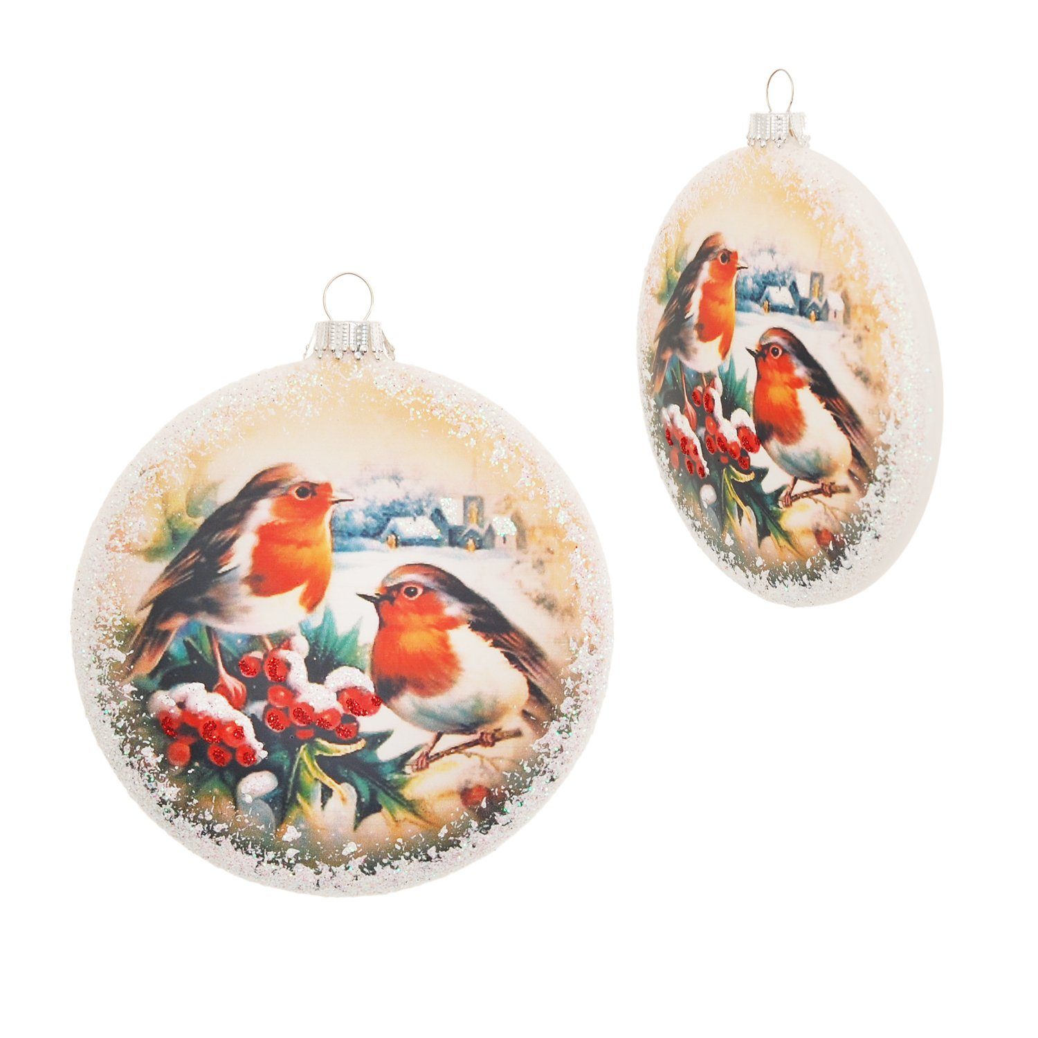 bemalt, multicolo Glastaler unversilbert, Lauscha (1-tlg) "Wintervögel", bedruckt Krebs und Weihnachtsbaumklammer Glas