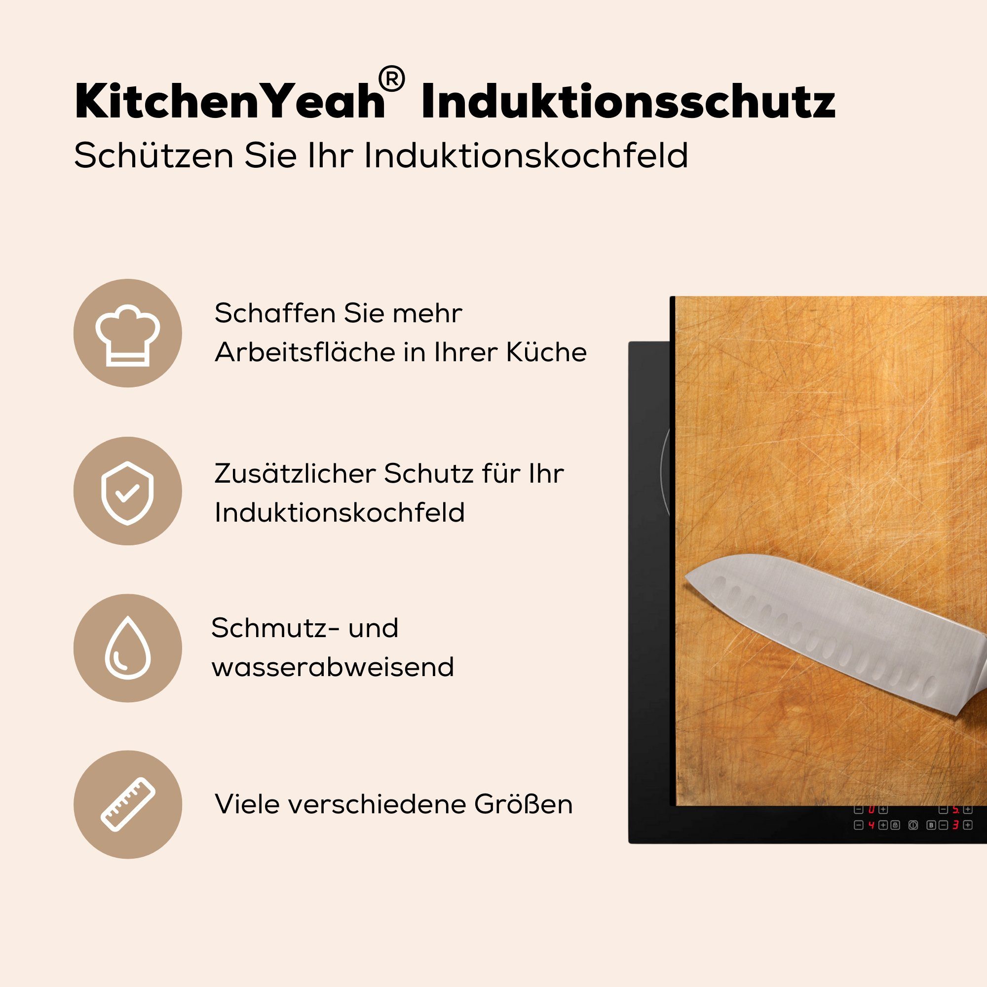 MuchoWow Herdblende-/Abdeckplatte Ein Messer 78x78 Arbeitsplatte cm, Schneidebrett, Ceranfeldabdeckung, Vinyl, für auf küche tlg), (1 einem
