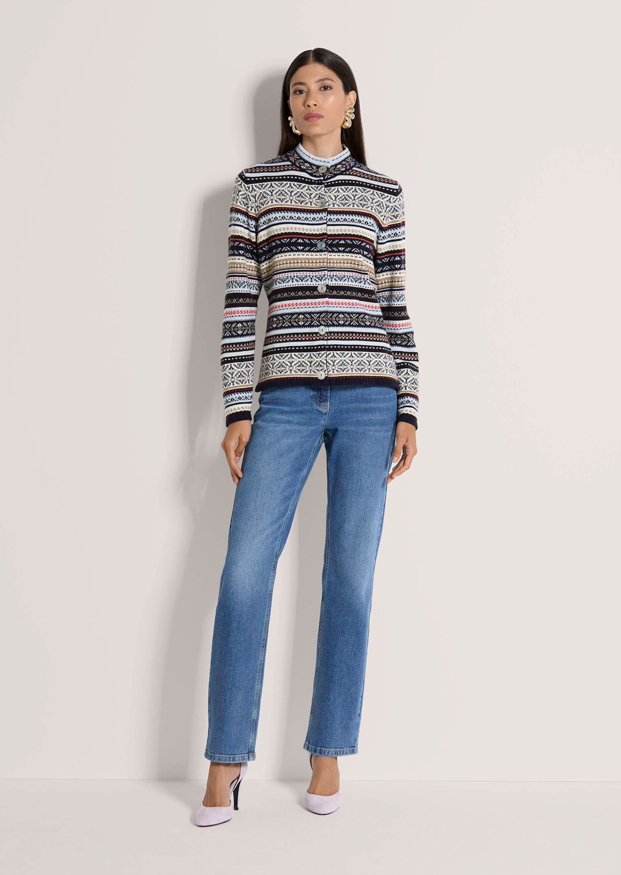 MADELEINE Strickjacke Norweger-Muster Jacquard-Cardigan Ungefütterte Wolljacke mit Stehkragen, Langarm