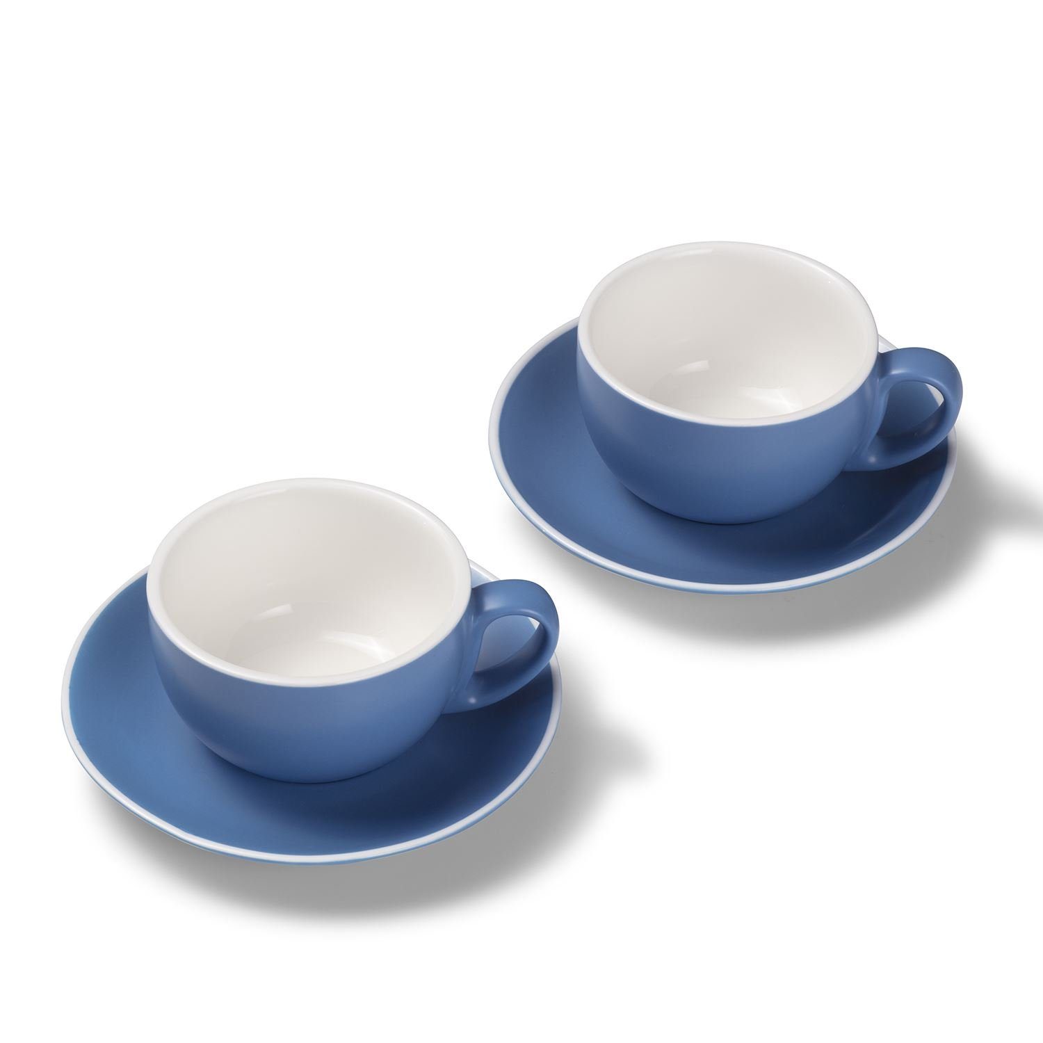Terra Home Tasse 2er Milchkaffeetassen-Set, Blau matt 350 ml mit Untertasse, Porzellan, spülmaschinenfest,extra dickwandig