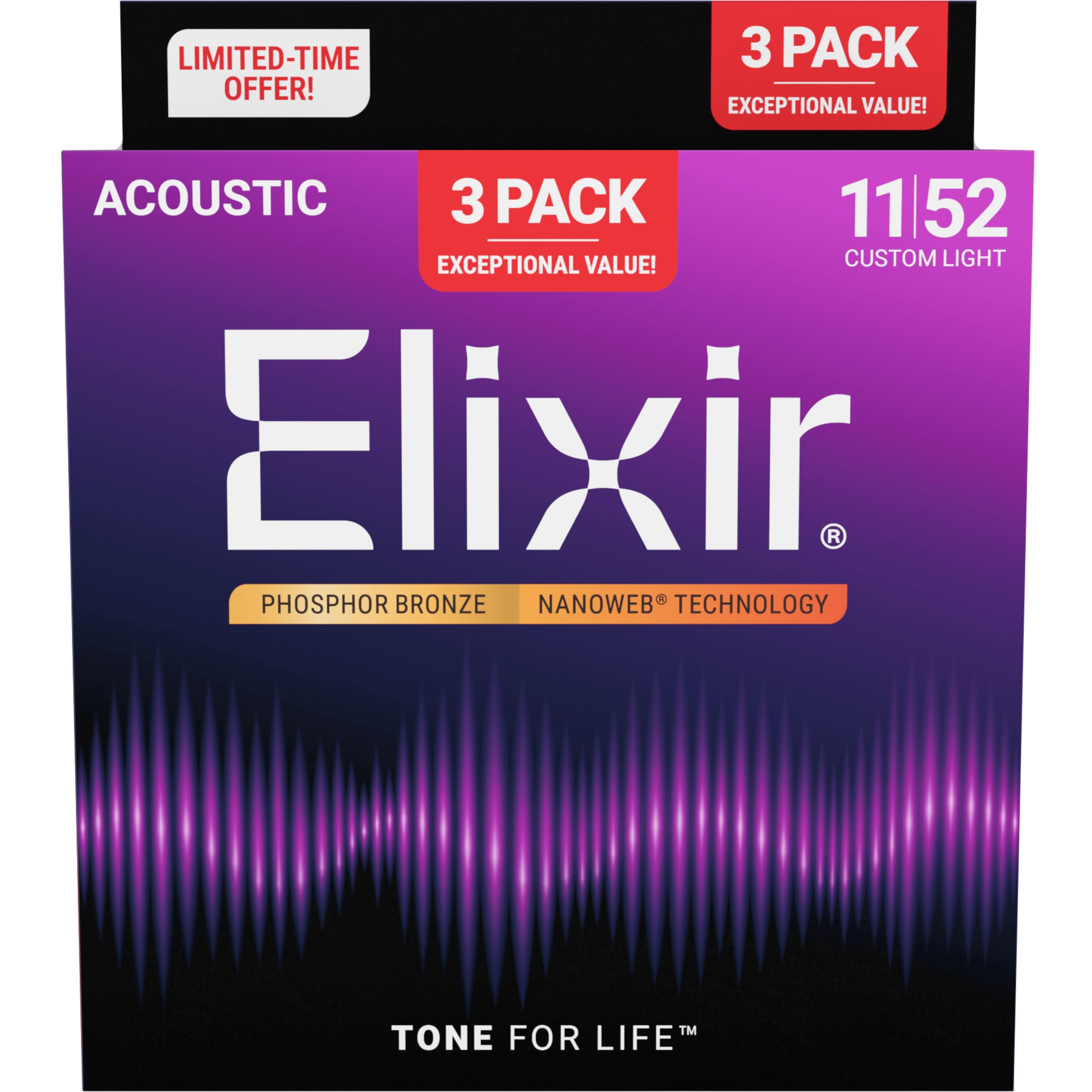 Elixir Струны, 16568 Nanoweb Acoustic Ph Bronze 11-52 - 3 Pack -