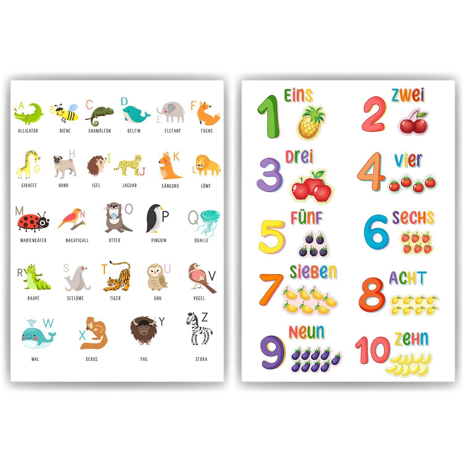 Poster 2er Set Tier ABC, Zahlen Lernposter Kinderzimmer Wandbilder Lernhilfe