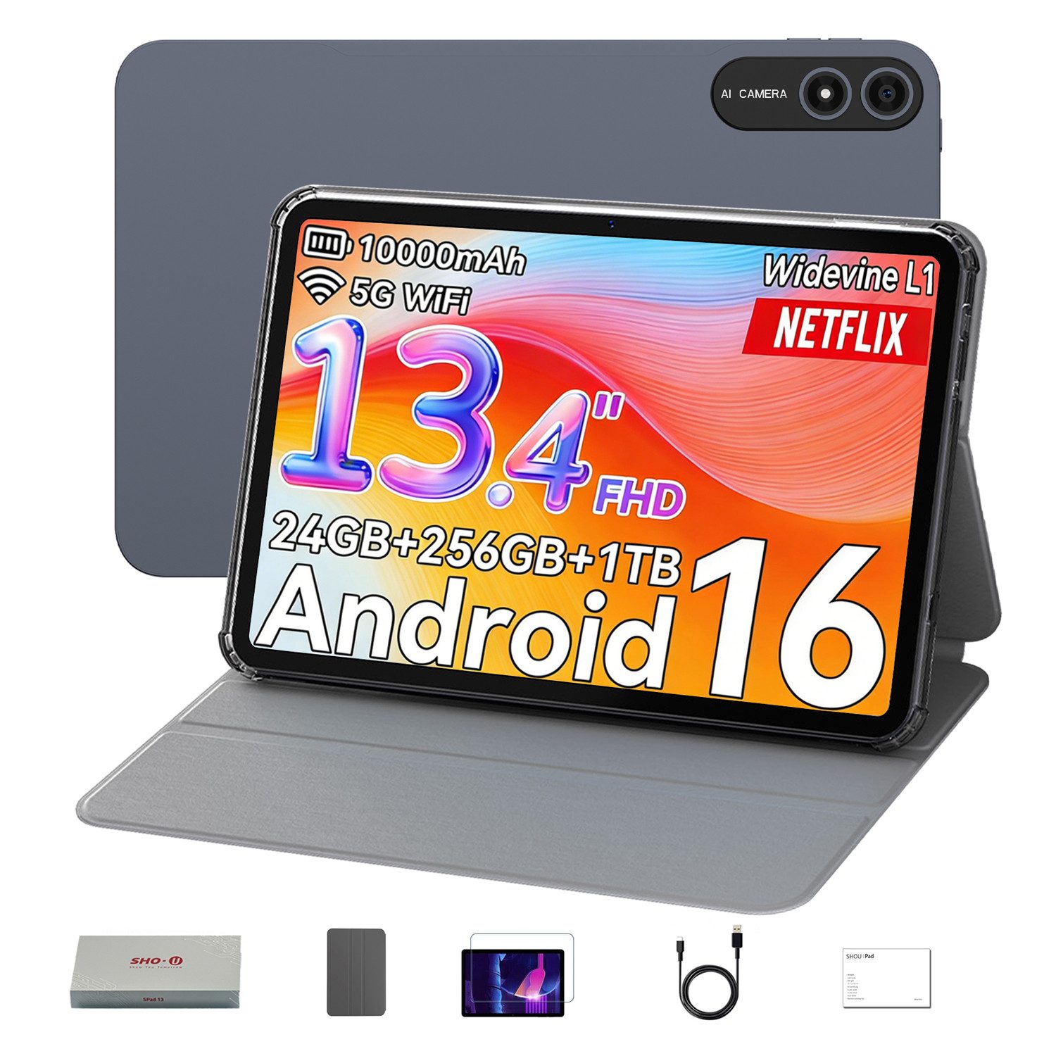 SHOU SPad13,13,4",Android 16,256GB mit Tablet-Hülle/Displayschutzfolie,WiFi Tablet (13.4", 256 GB, Android16, wifi, 10000 mAh, Gemini AI, inklusive Tablet-Hülle und Displayschutzfolie)