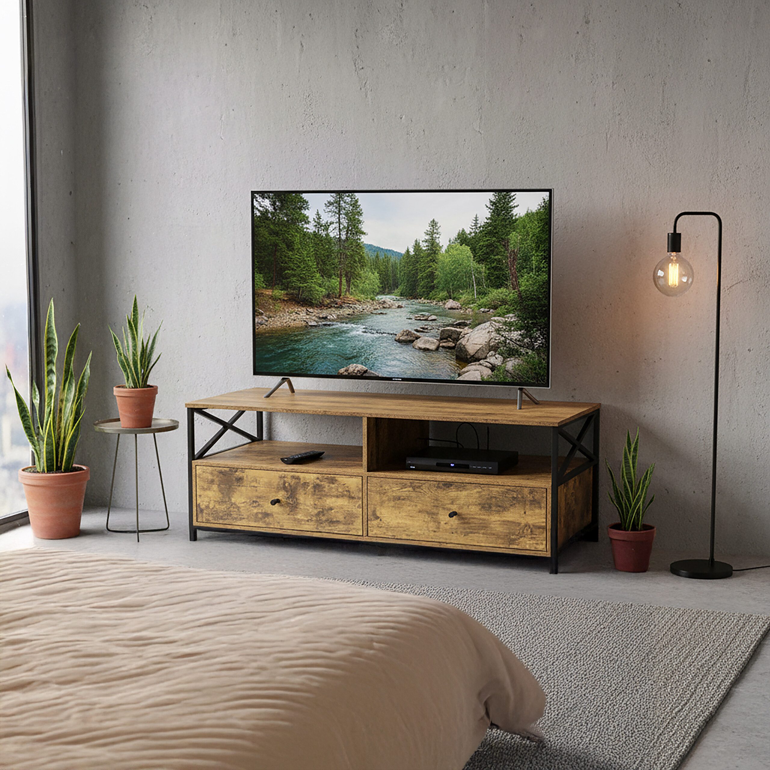 relaxdays TV-Bank TV Lowboard mit Schubladen, Vintagebraun