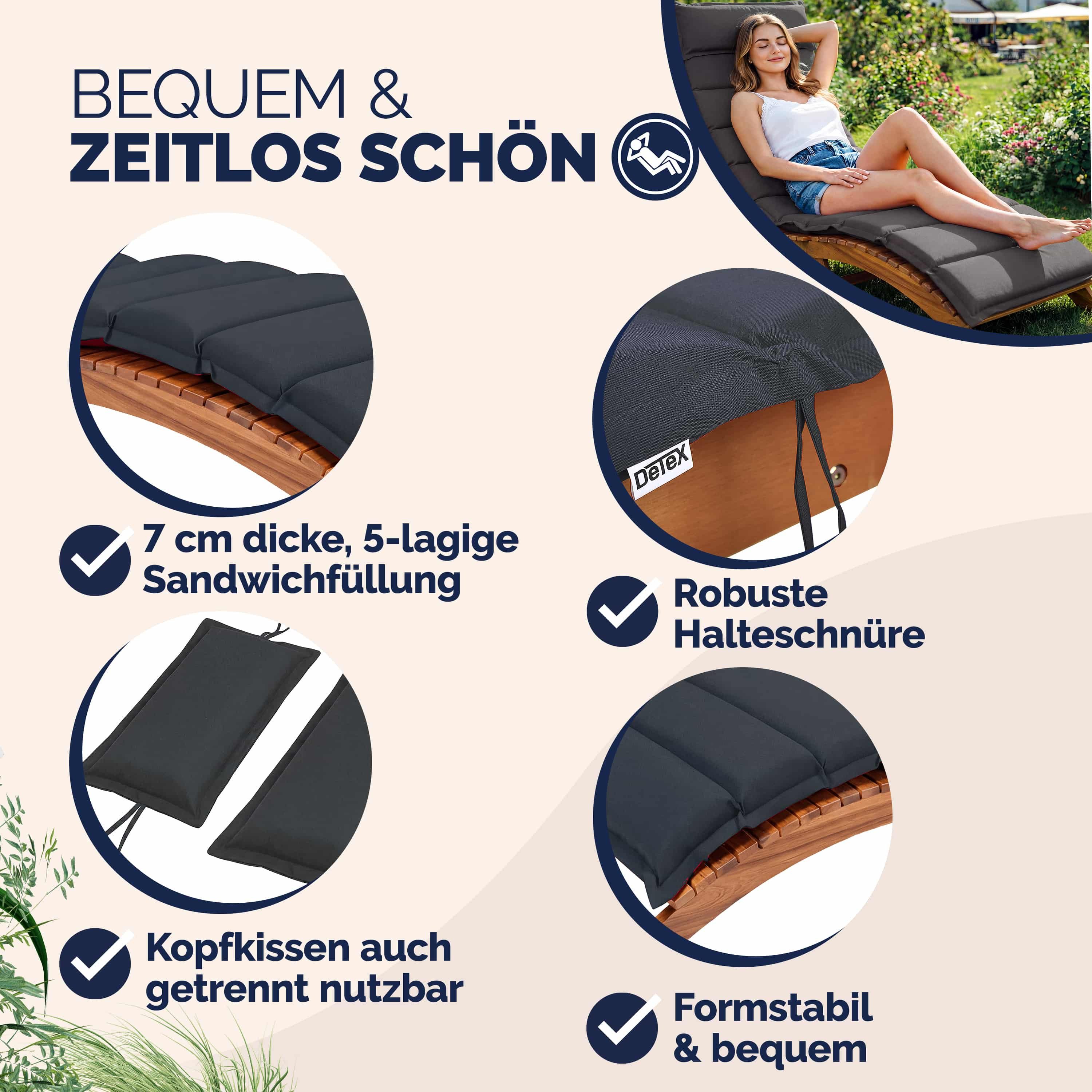 Detex Polsterauflage, Anthrazit Wasserabweisend inkl. Kopfkissen 55% Baumwolle Auflage