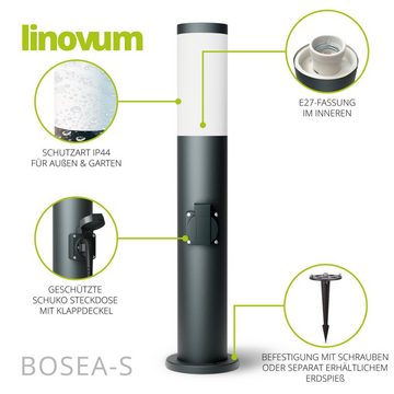 linovum LED Außen-Wandleuchte BOSEA-S Pollerleuchte mit Steckdose & E27 Fassung - Stromsaeule 50cm, Leuchtmittel nicht inklusive, Leuchtmittel nicht inklusive