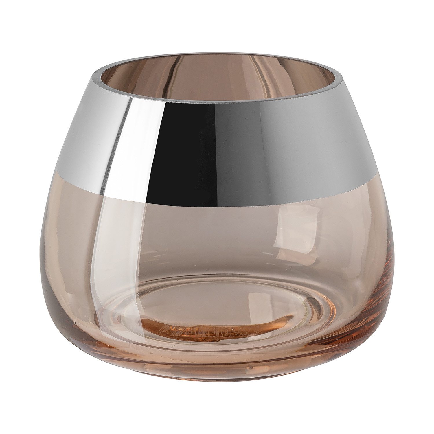 Fink Teelichthalter BELLA Teelichthalter - H.11,6cm x D.15cm - Glas - sand/silberfarben (1xTeelichthalter, 1 St., Leuchte - Geschenk für Frauen), Edles Glas-Windlicht: Kerzenhalter für Stumpenkerzen & Kerzenleuchter