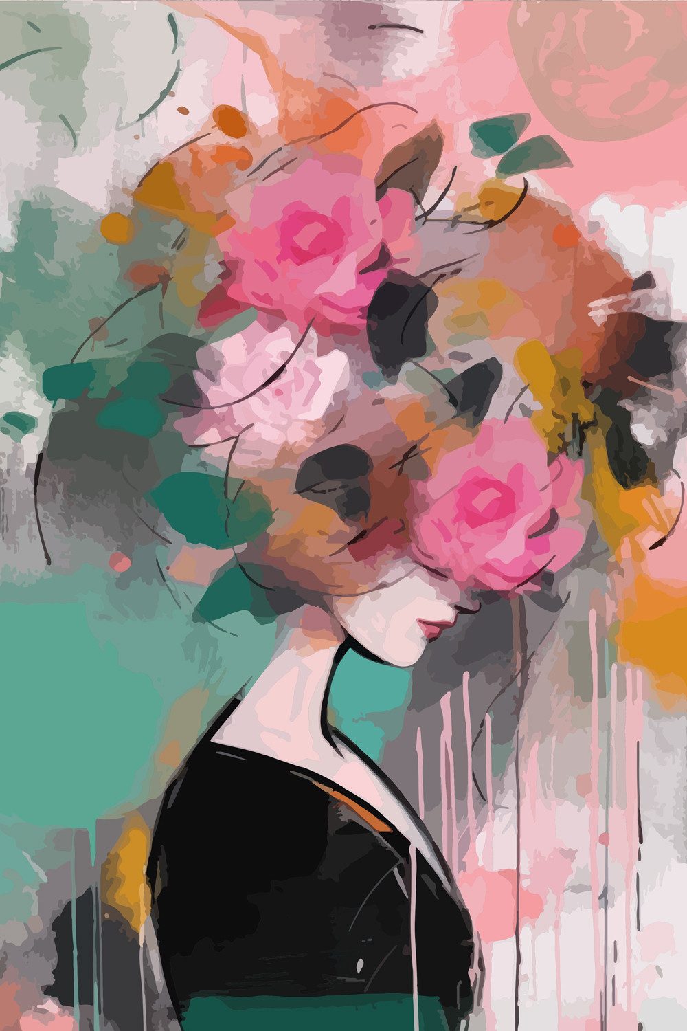queence Acrylglasbild Frau mit Rosen auf dem Kopf in knalligen Farben, Abstrakt, Abstrakte, Bilder von Frauen, Blumen, Blumenbilder, Formen, Gemälde, Kunst (1 St), Kunstdruck in Galeriequalität inkl. rückseitigem Aufhängesystem