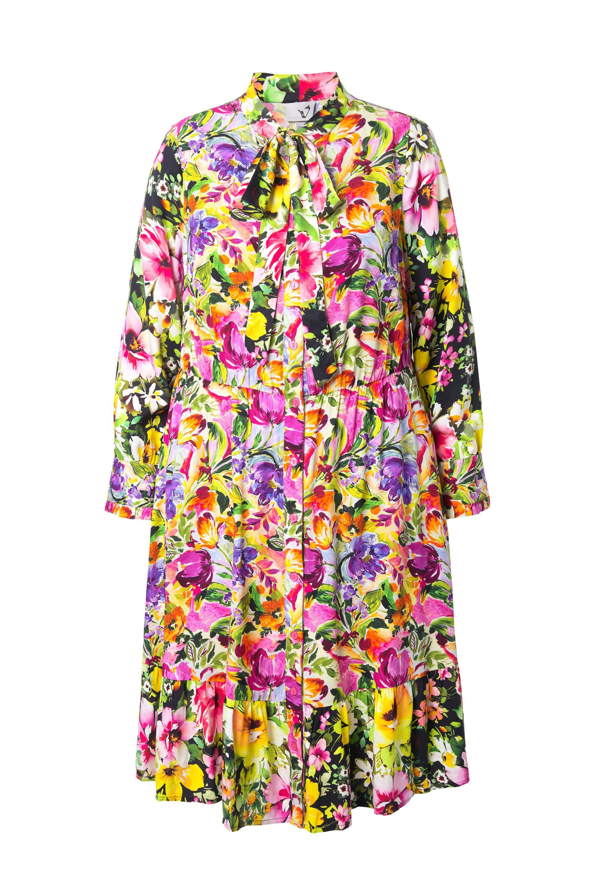 Ulla Popken Jerseykleid Midikleid Mustermix A-Linie V-Ausschnitt Langarm