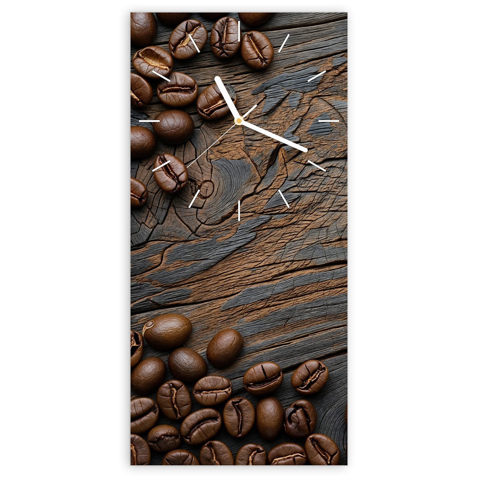 Wanduhr Glasuhr Wandkunst Größe 30 x 60 cm mit Motiv Kaffeebohnenholz