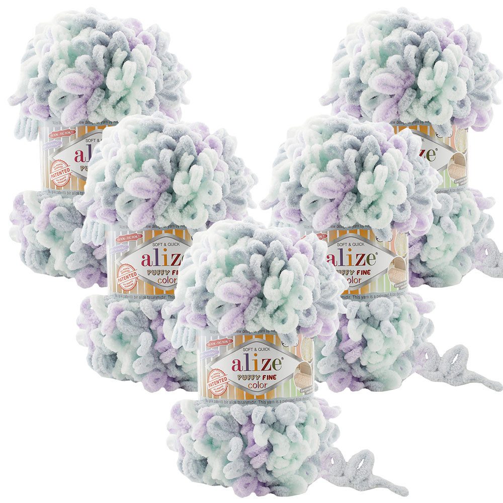 Alize 5 x ALIZE Puffy Fine Color Häkelwolle, 14,6 m (500 Meter), Deckengarn, Fingerstrick-Wolle,Chenillegarn, Kuschelweich, Babywolle