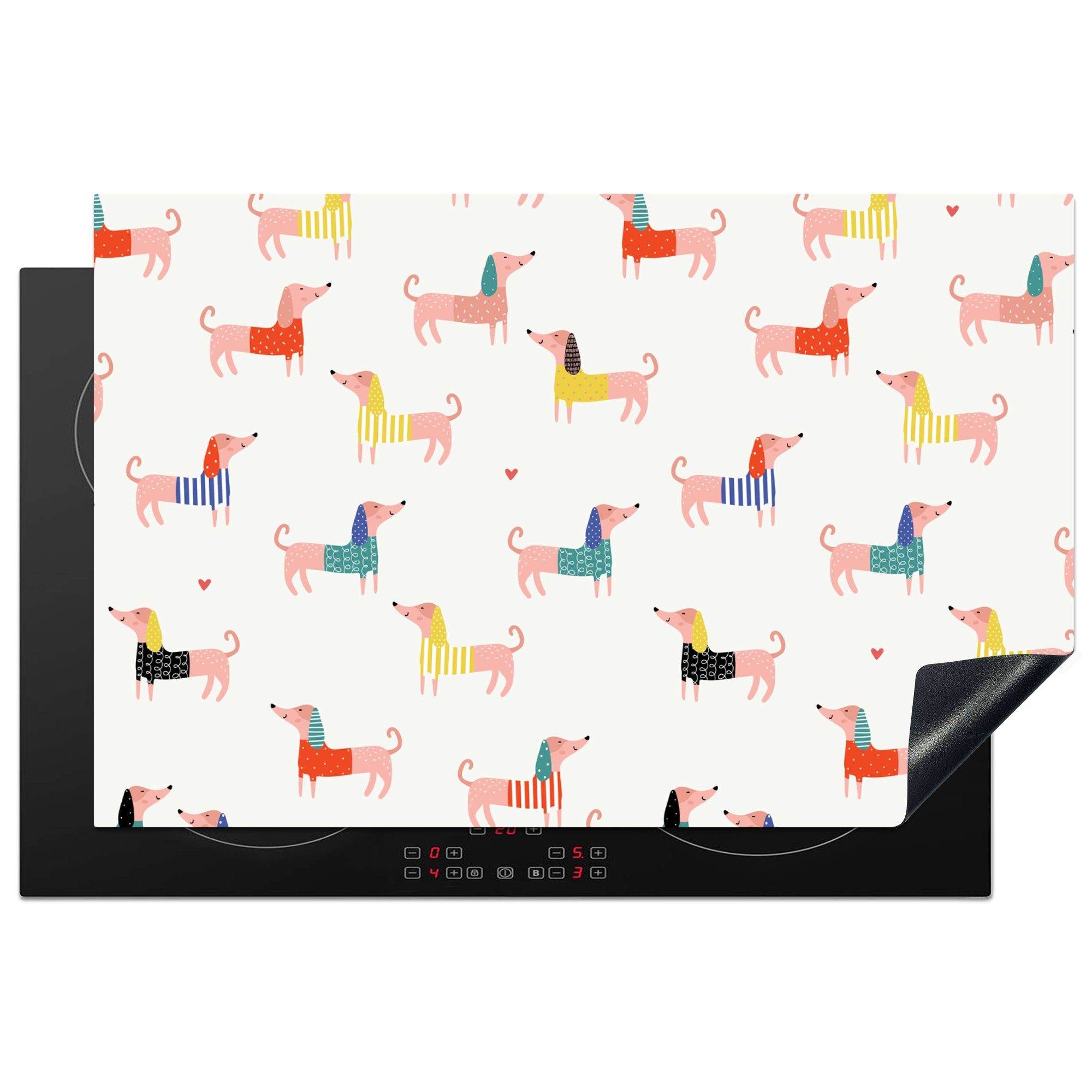 MuchoWow Herdblende-/Abdeckplatte Hund Illustration mit Dackel auf einem weißen Hintergrund, Vinyl, (1 tlg), 81x52 cm, Induktionskochfeld Schutz für die küche, Ceranfeldabdeckung