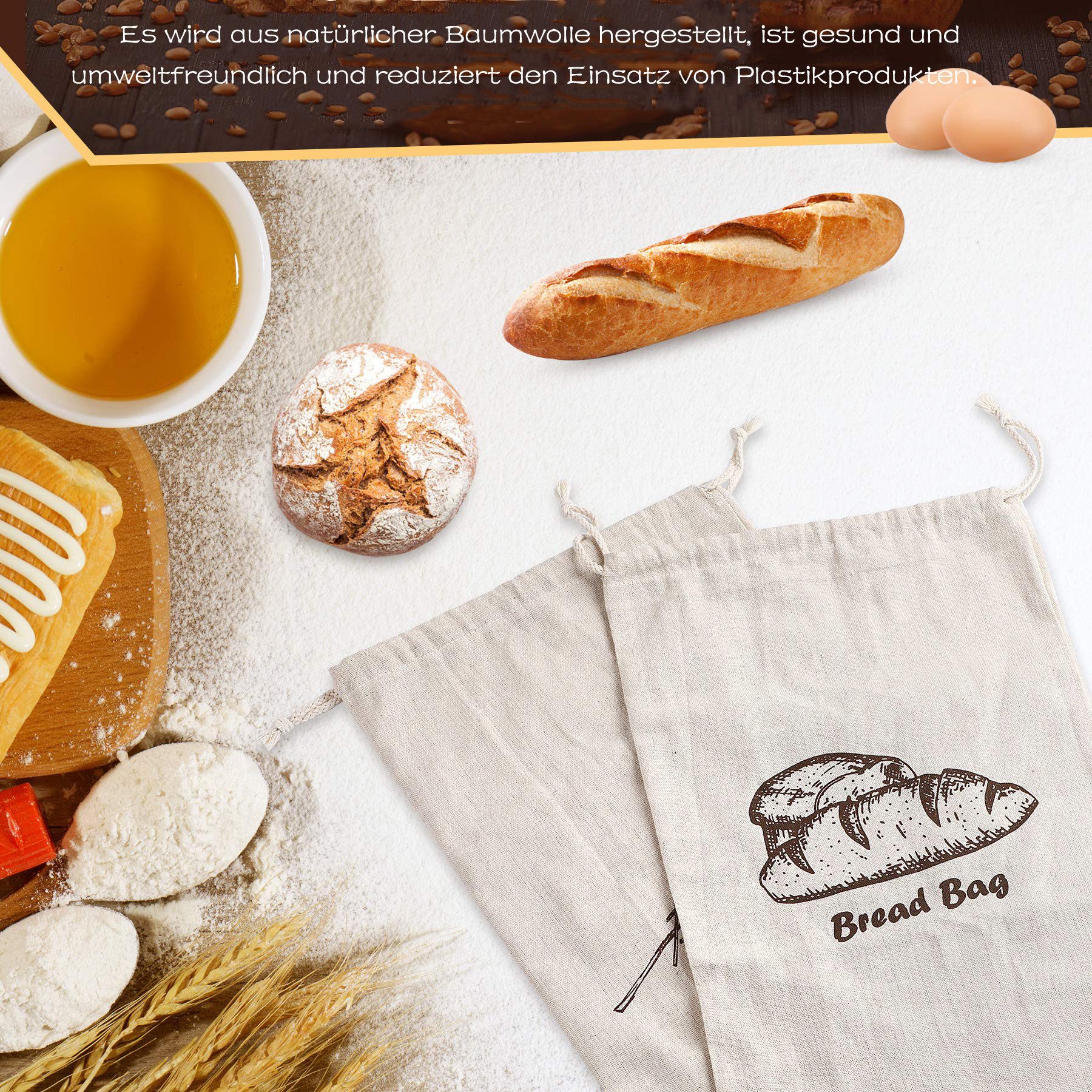 Agger Brottasche Leinen-Brotbeutel für selbstgebackenes Brot 45cm×30cm – 4 Stück, (4-tlg), Wiederverwendbar, große Aufbewahrung für handwerkliches Brot – Bild 5 von 5