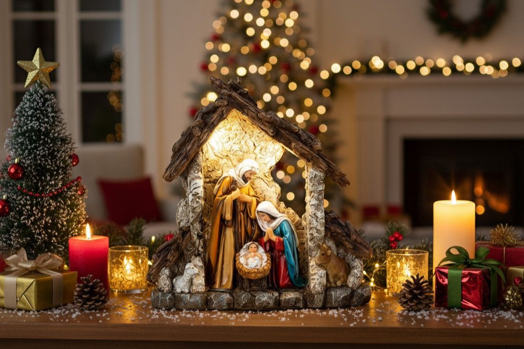 MF Krippenfigur Krippenhaus mit LED Beleuchtung 23cm Polyresin Weihnachtsde günstig online kaufen