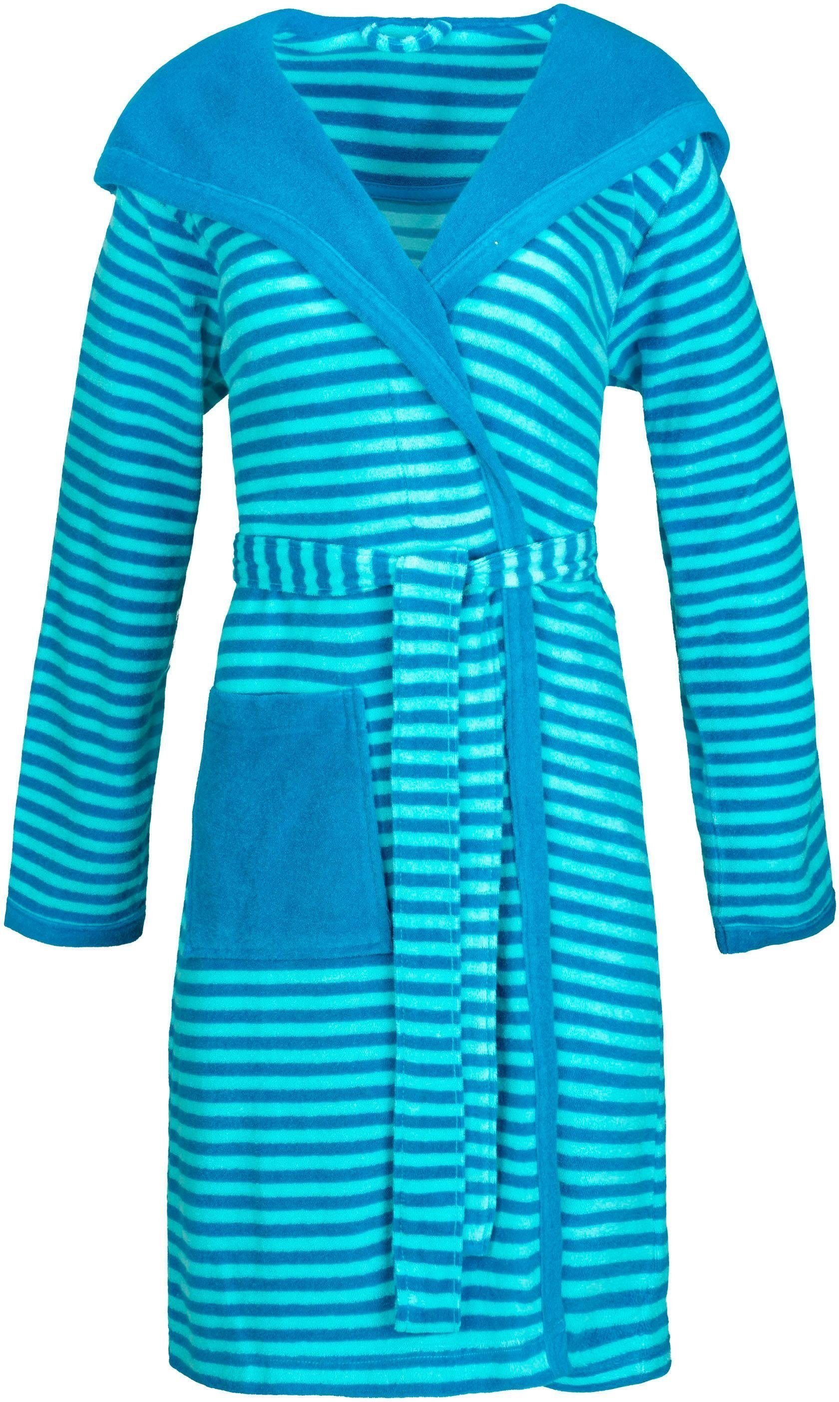 Esprit Damenbademantel Striped Hoody, Kurzform, Rundstrickware, Kapuze, Gürtel, mit Kapuze, gestreift turquoise