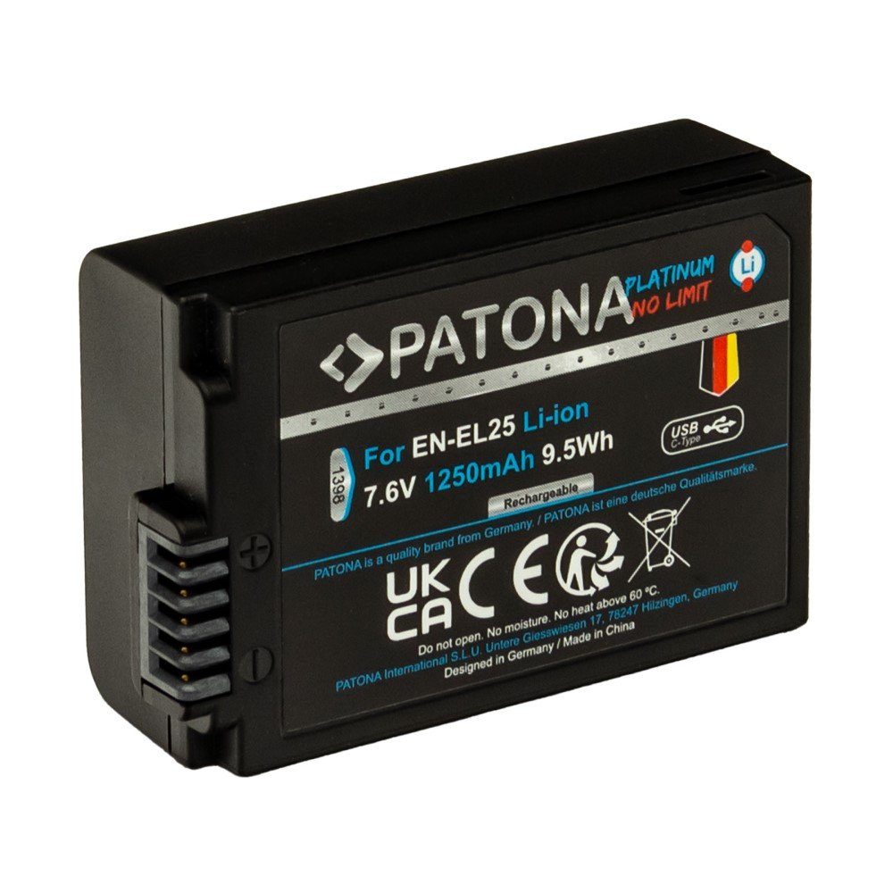 Patona Akku für Nikon EN-EL25 mit USB C Input Kamera-Akku Ersatzakku Akku 1250 mAh (7,6 V, 1 St), EN-EL25 Zfc Z50 Z30