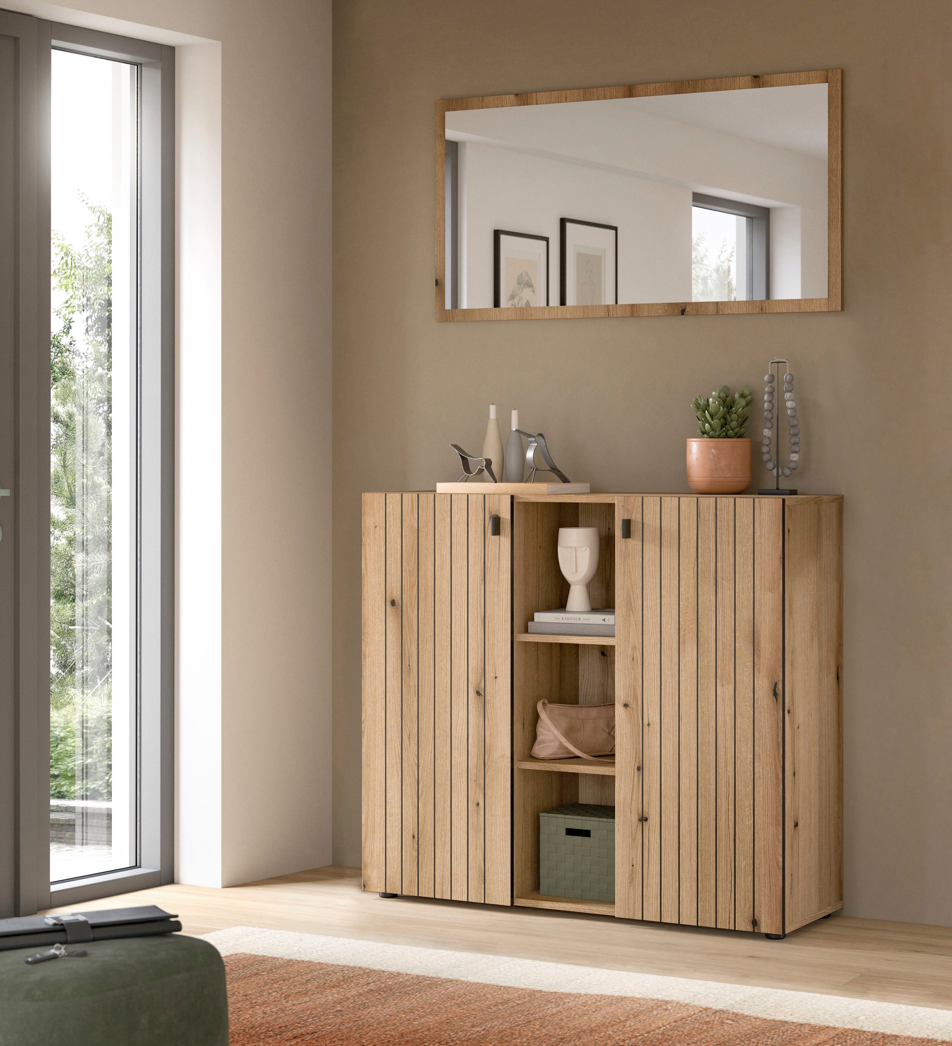 Home affaire Garderoben-Set TATIO, 2-tlg. Garderobenkombination,Breite: 106 cm, Rillenfräsung, (Set, 2-St., Set, best. aus: 1 Spiegel, 1 Schuhkommode), Garderobenkombination, Kombi, Flur-Möbel, Spiegel, Kommode