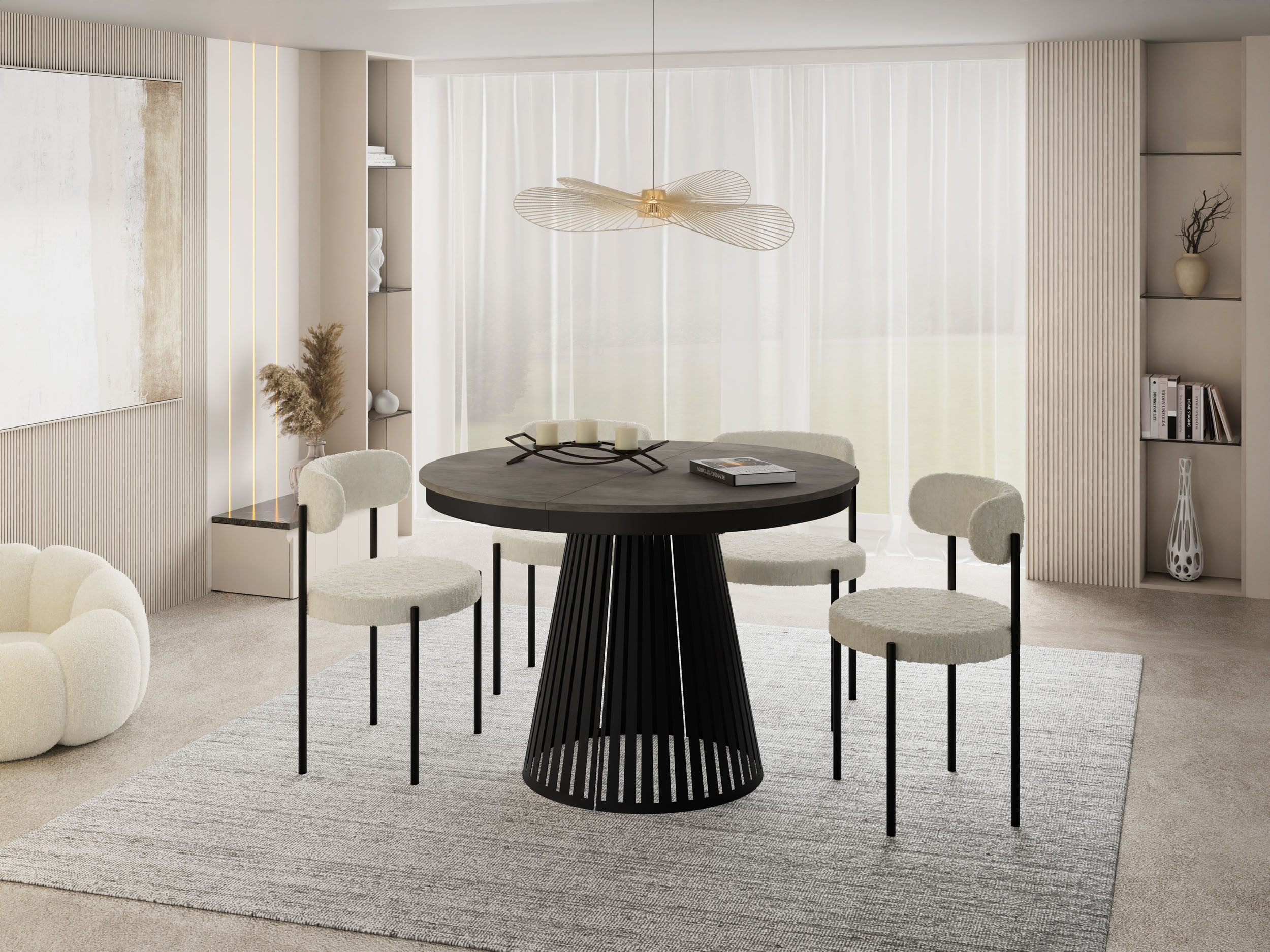 WFL GROUP Esstisch Naro Black ausziehbar rund modern mit schwarzen Metallbeinen (MADE IN EU, erhältlich in 2 Größen – 100/120 cm, ausziehbar auf 180/200 cm), platzsparender Tisch mit Lamellen für Küche, Esszimmer oder Wohnzimmer