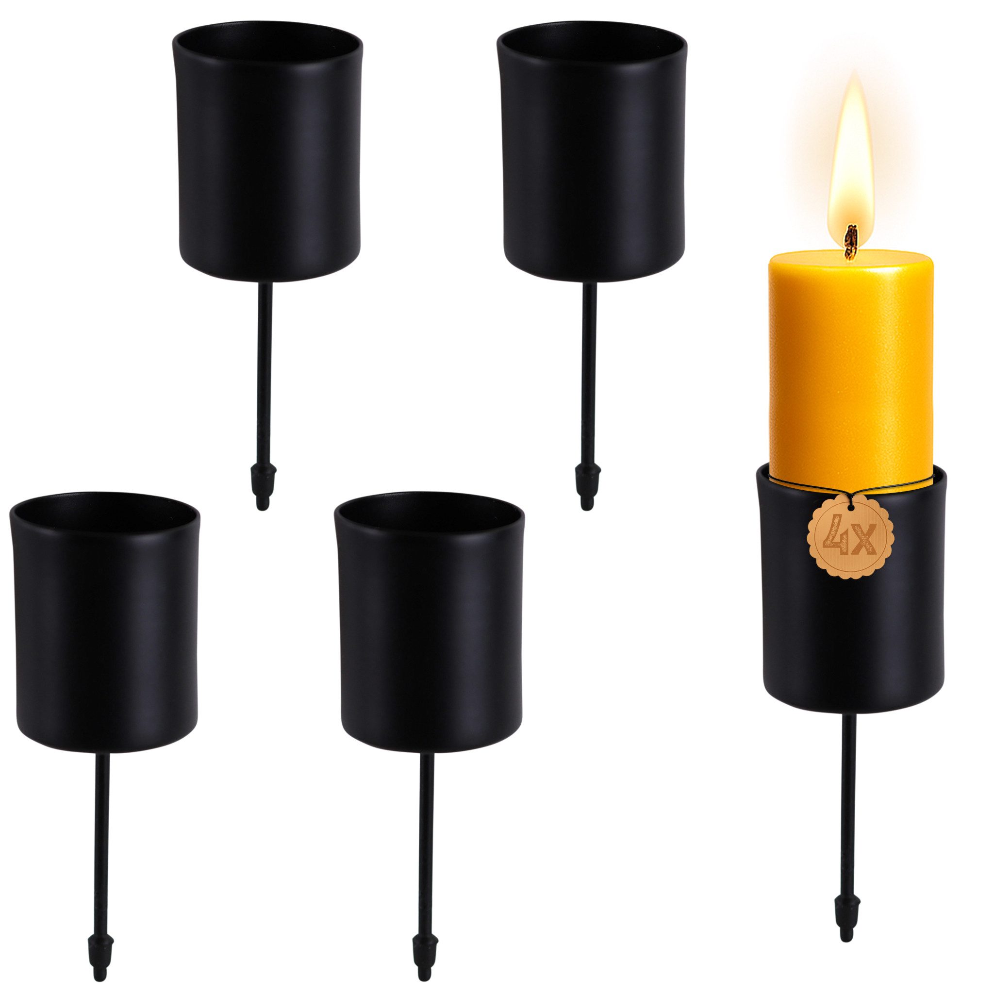 matches21 HOME & HOBBY Kerzenhalter Kerzenhalter 4er Set Metall Schwarz Ø 3,3 cm mit Stab (4 St), Adventskranz Kerzentüllen für Stabkerzen