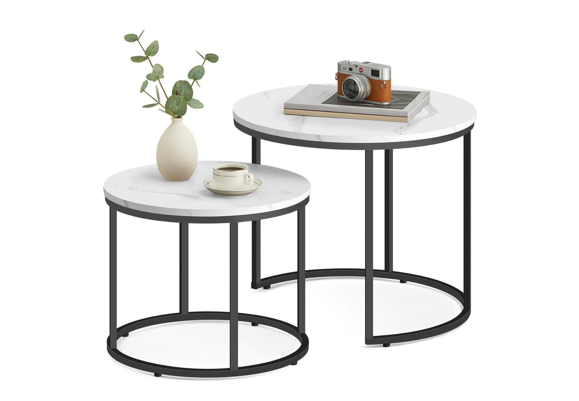 Home Collective Couchtisch 2er Set Beistelltisch Loft Design 2in1 Verschachtelung Wohnzimmer, kratzfeste Oberfläche 53cm und 43cm Marmor Optik mit schwarzen Beinen