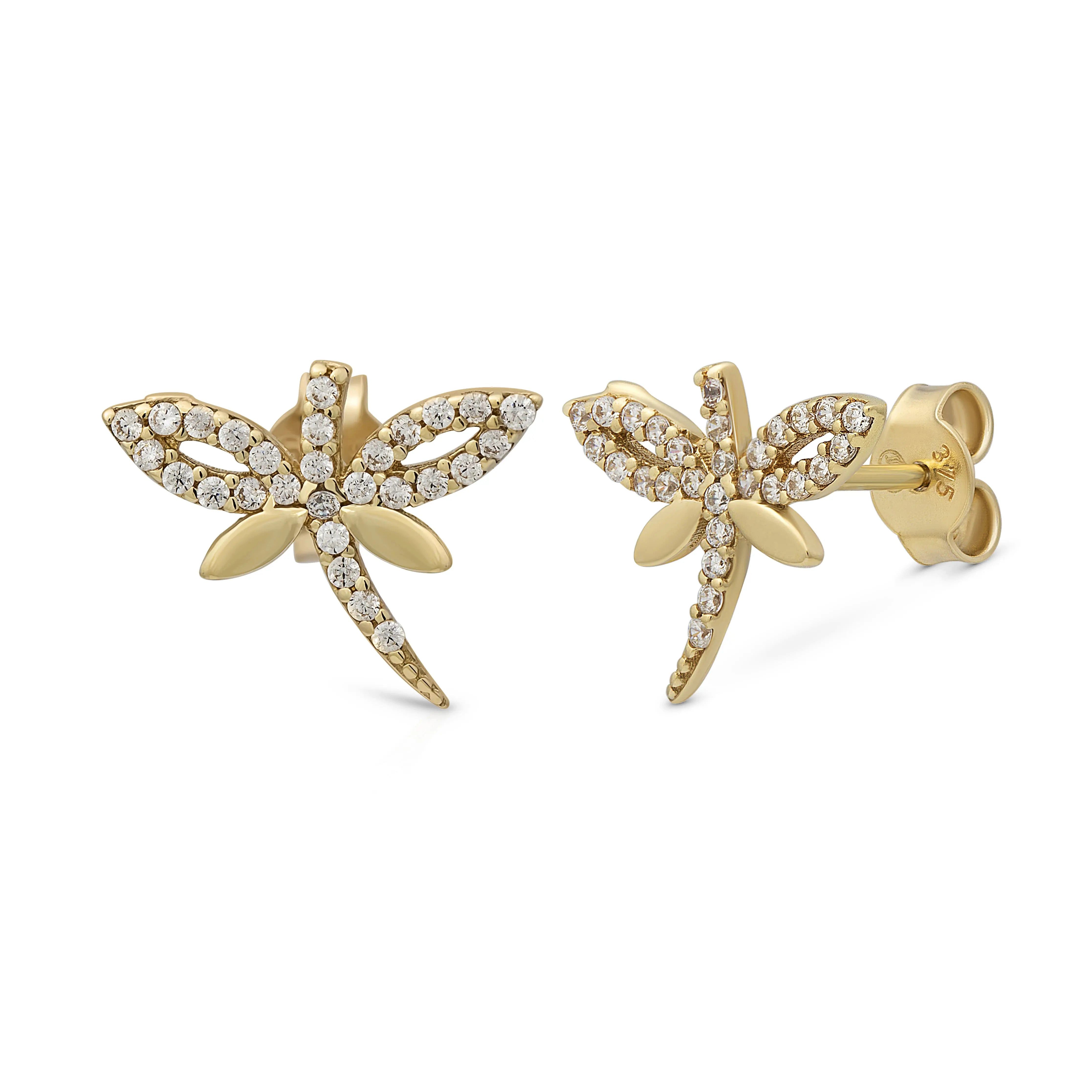 Suzan Gold Paar Ohrstecker Lily Stecker Echtgold Ohrstecker in Libellen-Design, 375 Gelbgold, Gelbgold 375, Zirkonia-Steine