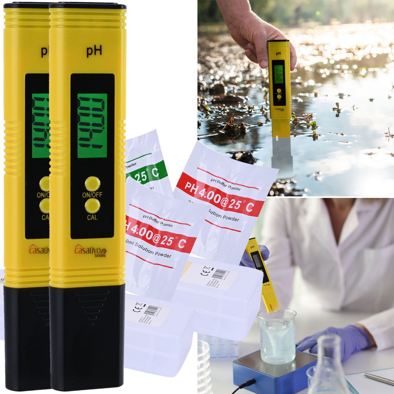 Casativo pH-Messgerät Digitales pH-Messgerät ATC LCD Tester Pool Aquarium Pool pH 0–14, (2-tlg., 1er-Set & 2er-Set), ph-Wert Testgerät mit großem LCD-Display/Batteriebtrieb