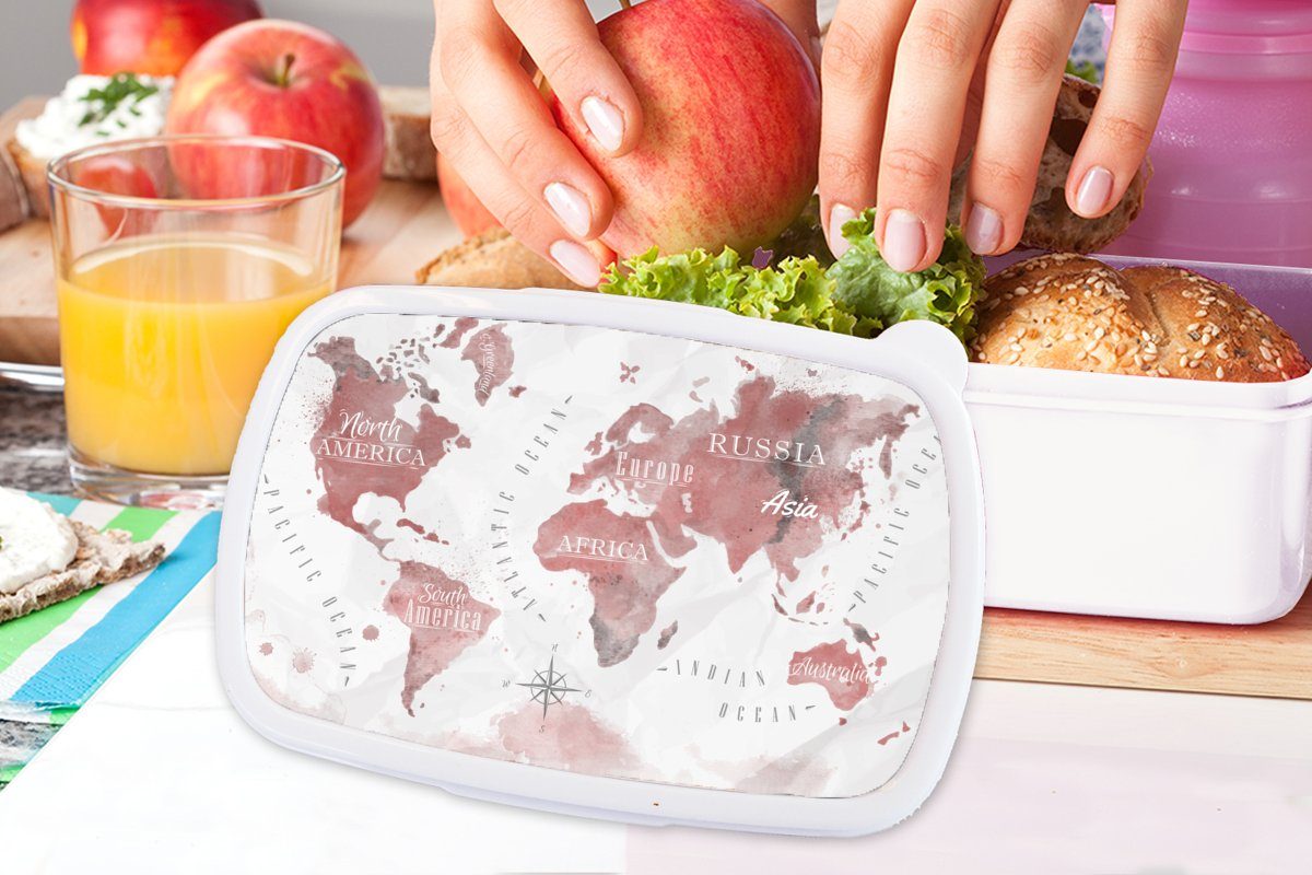 MuchoWow Lunchbox Kinder Weltkarte - für Brotbox Brotdose, und Kunststoff, Jungs rosa, - weiß für Mädchen und (2-tlg), Farbe Erwachsene