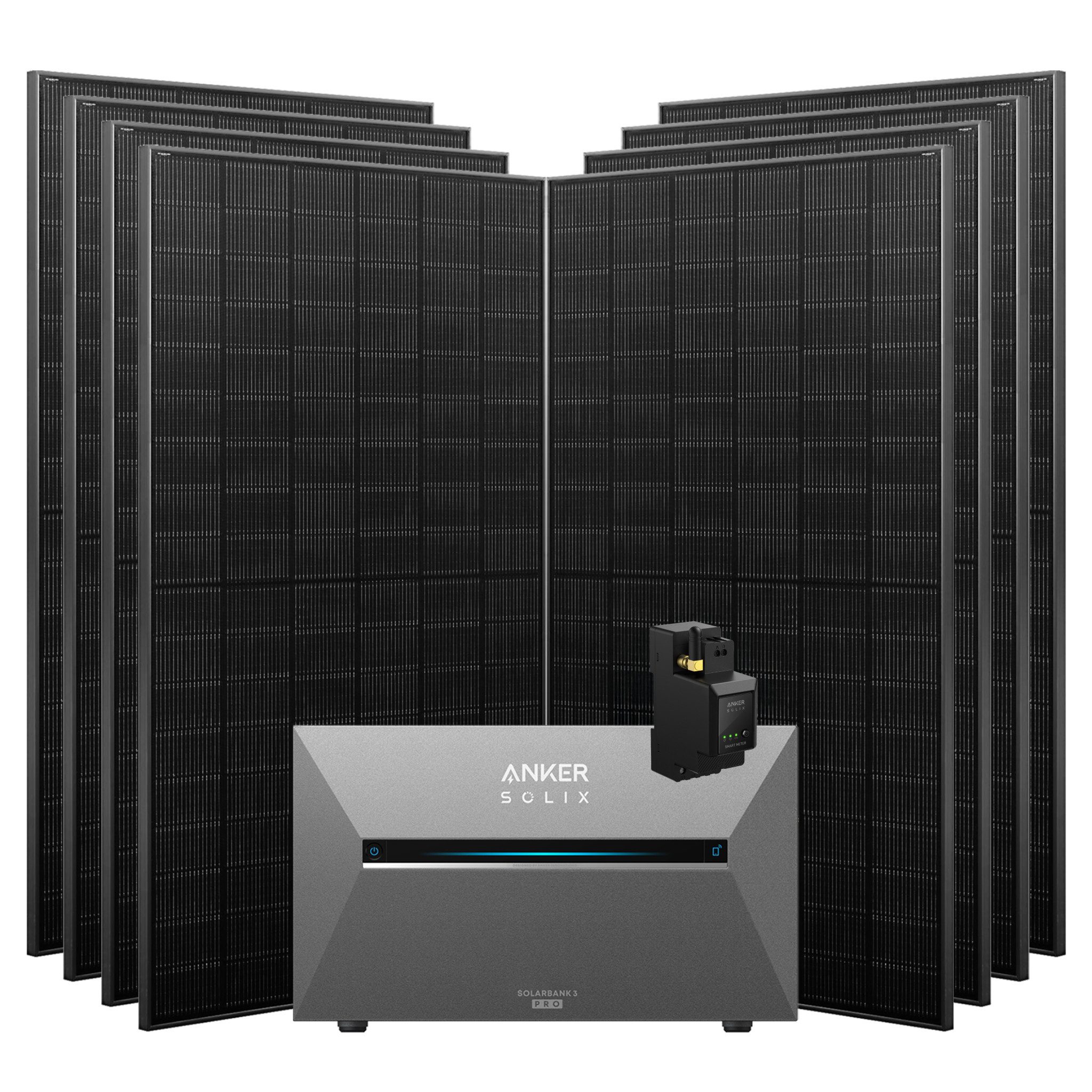 Anker Balkonkraftwerk Solix 3640W Photovoltaikanlage Komplettset mit Solarbank E2700 3 Pro, 3640 W, (Set, 8 *455W Solarmodule+ Anker solarbank 3 Pro / Montageset/BP2700), mit Smart Meter, integriertem Wechselrichter, Wifi, Bluetooth, IP65