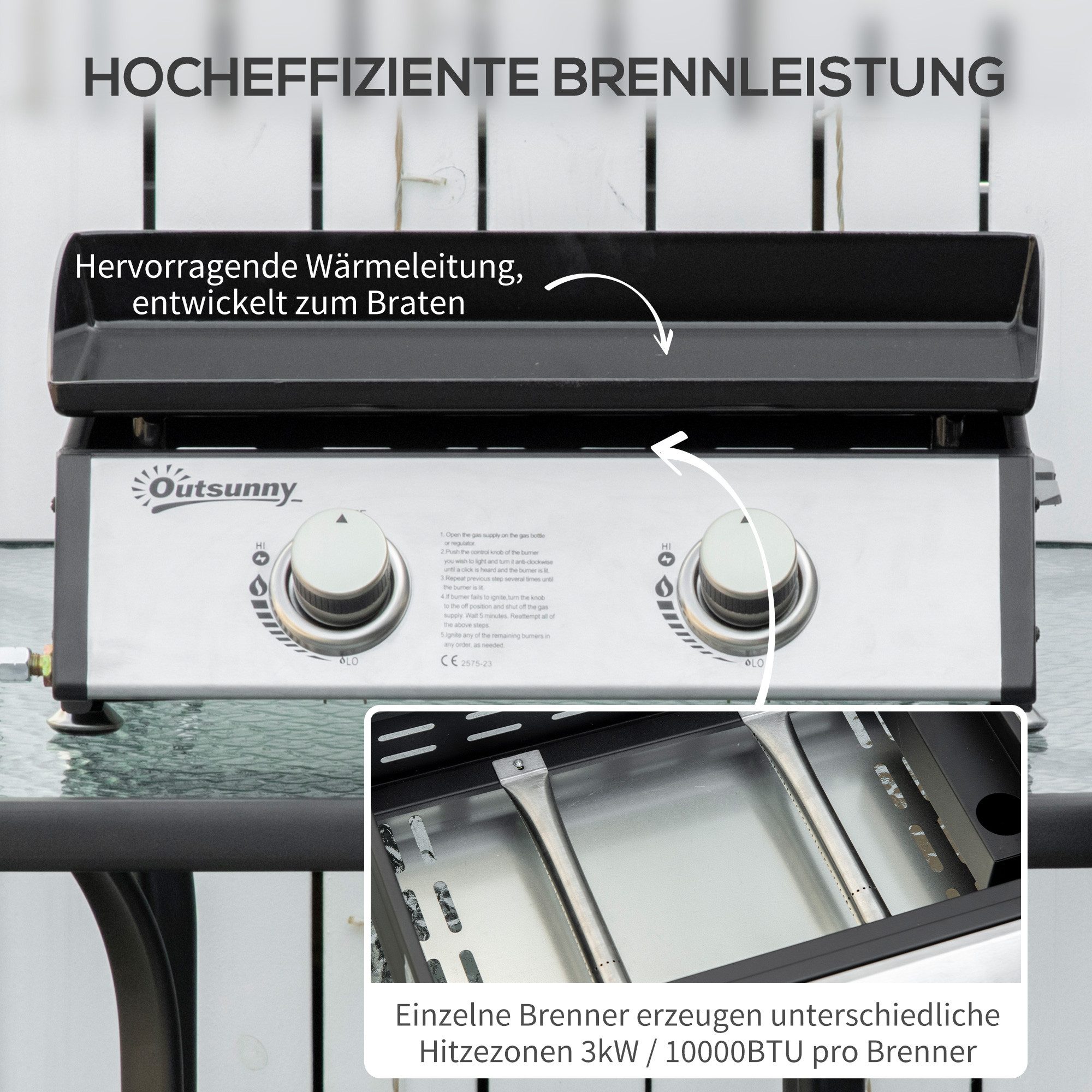 Outsunny Gasgrill Campinggrill mit 2 Brennern, Tischgrill, Tischgasgrill, Edelstahl+Metall, Silber, 48,5 x 46 x 21 cm – Bild 4 von 5