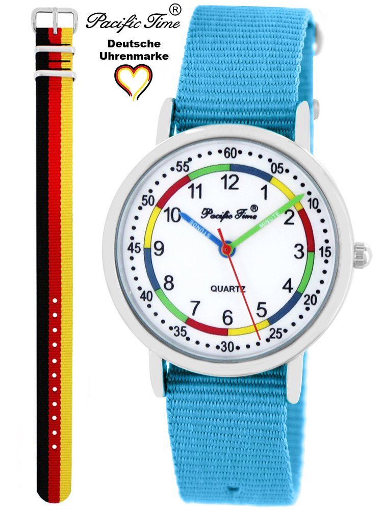 - und Quarzuhr Set Time Deutschland Match Versand Wechselarmband, Lernuhr Kinder First Mix hellblau Armbanduhr Gratis Pacific und Design