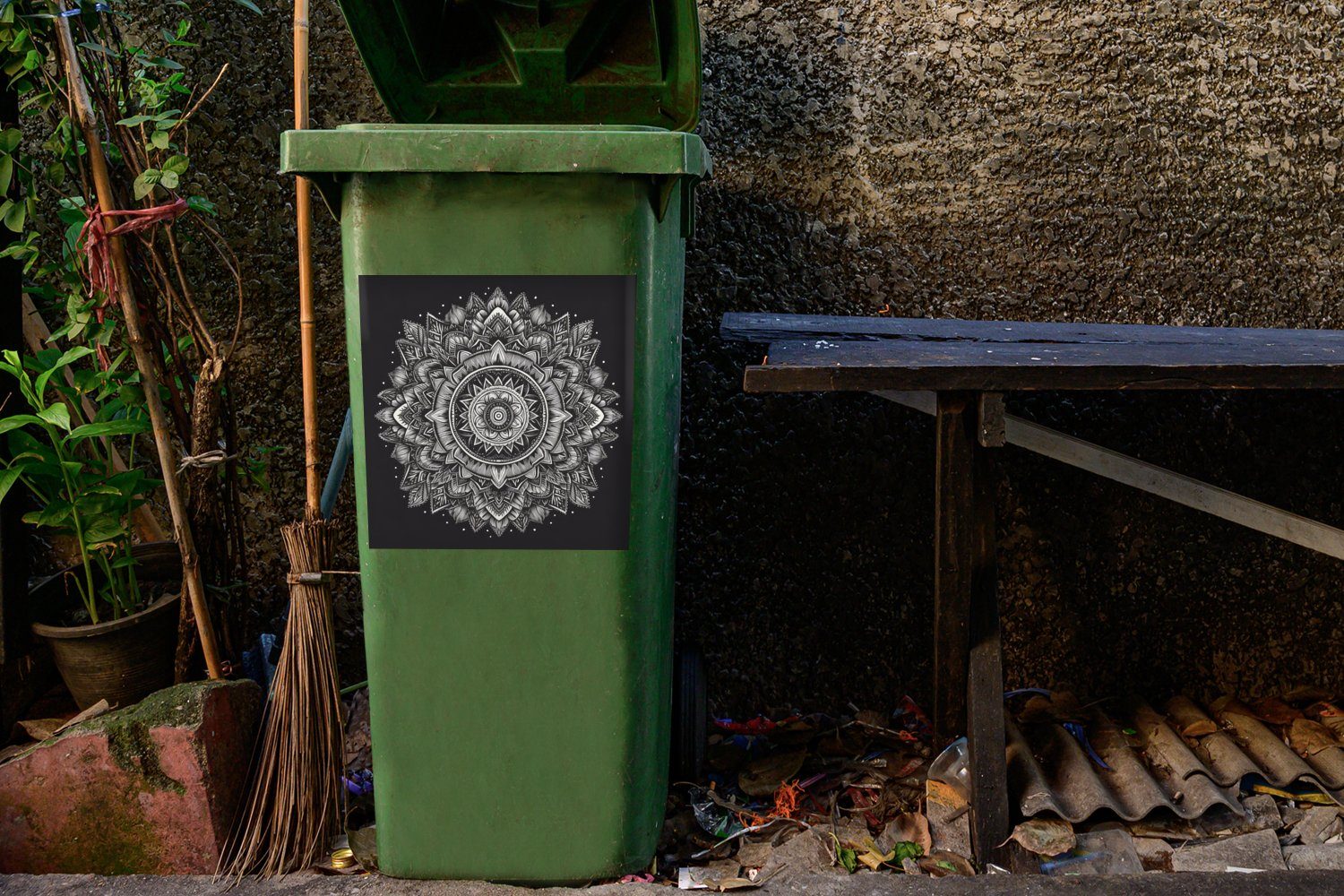 MuchoWow - Mandala Natur Blumen (1 Sticker, Mülleimer-aufkleber, Schwarz St), - - Container, weiß und Abfalbehälter Mülltonne, - Wandsticker Böhmisch