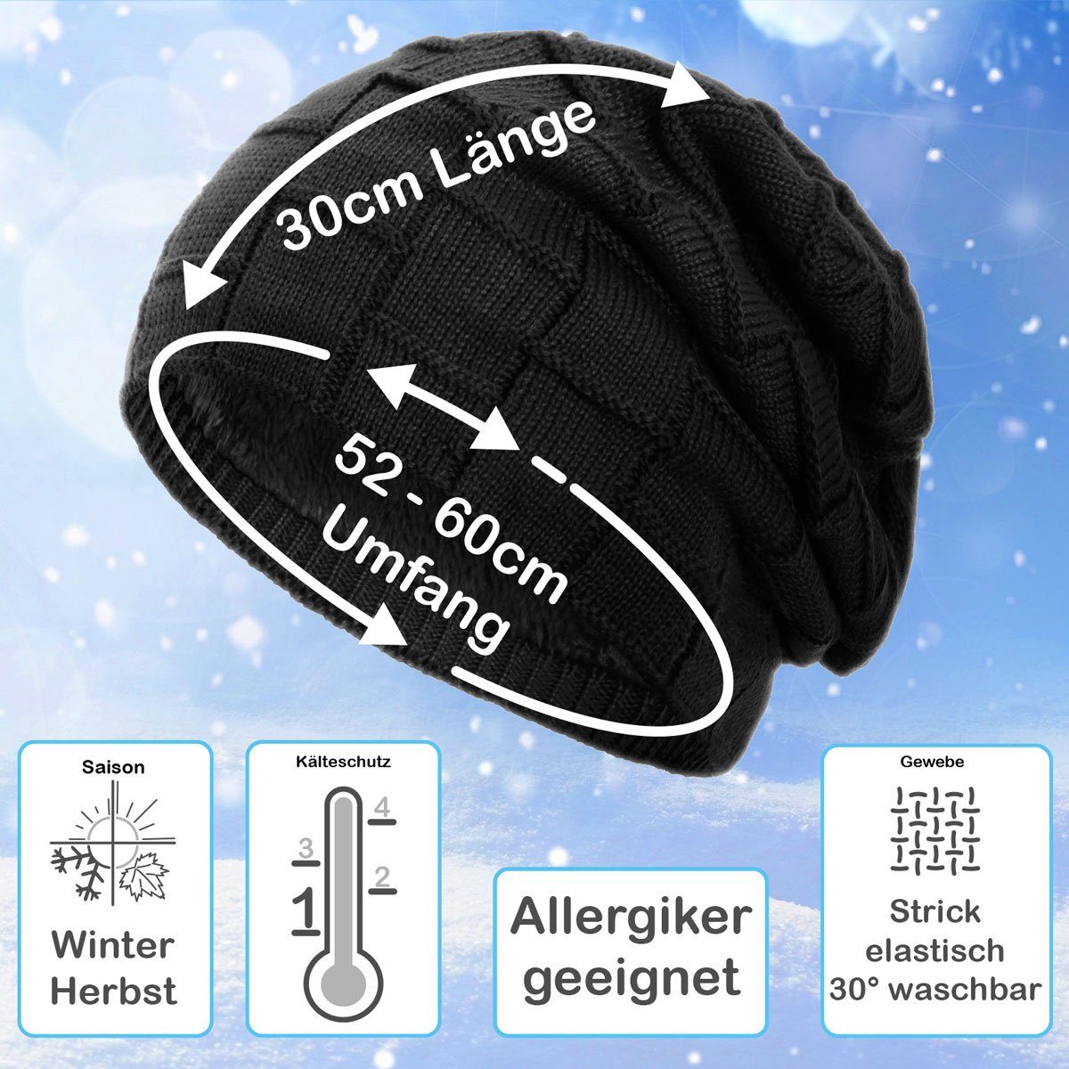 Herbst Damen Herren Mütze Haube Beanie (1-St) compagno Strickmütze Gefütterte Wintermütze Winter schwarz