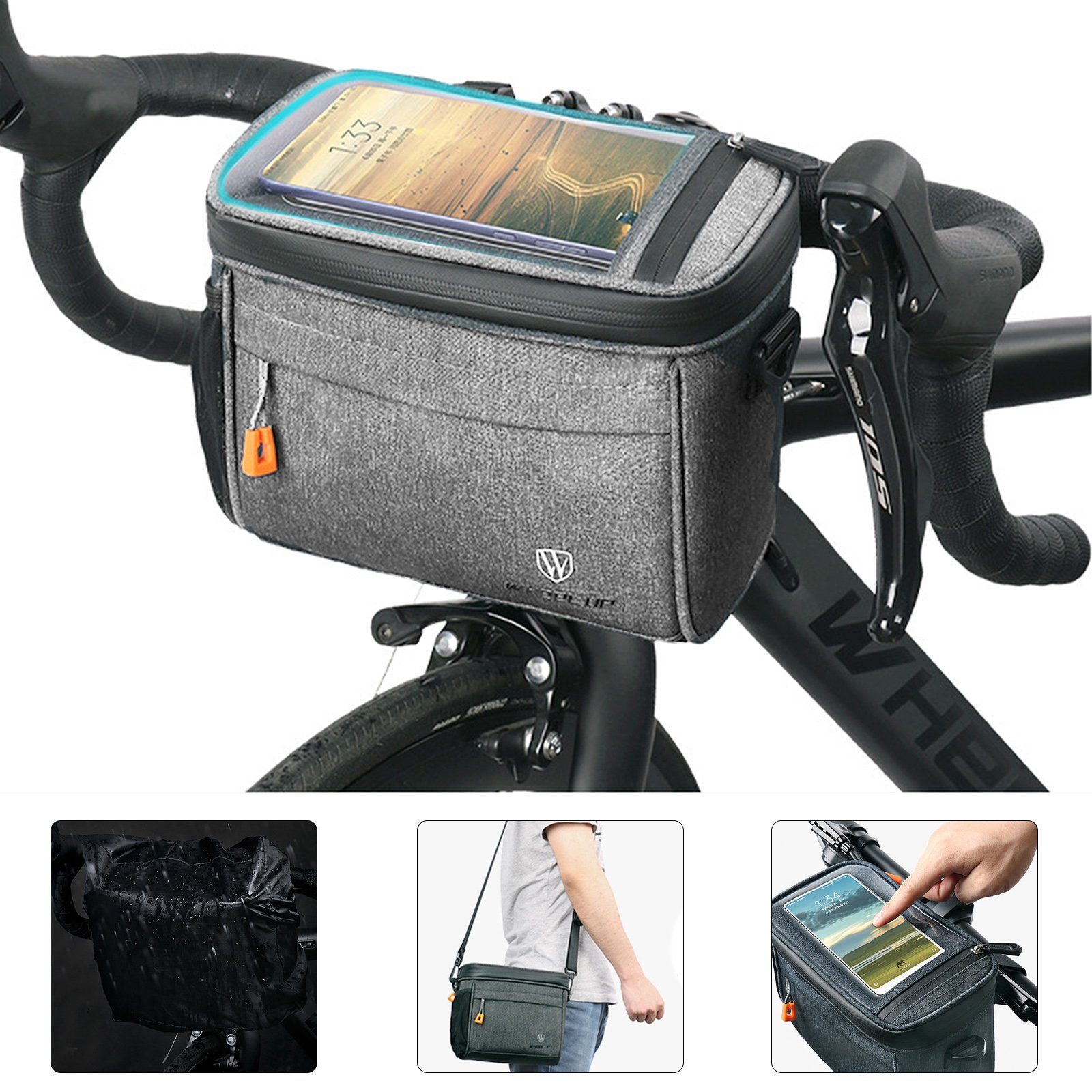 CALIYO Handy-Lenkertasche Lenkertasche Fahrrad mit lenkeradapter, 4.2L fahrradkorb vorne Tasche, mit transparenter Touchscreen und abnehmbarem Schultergurt Grau