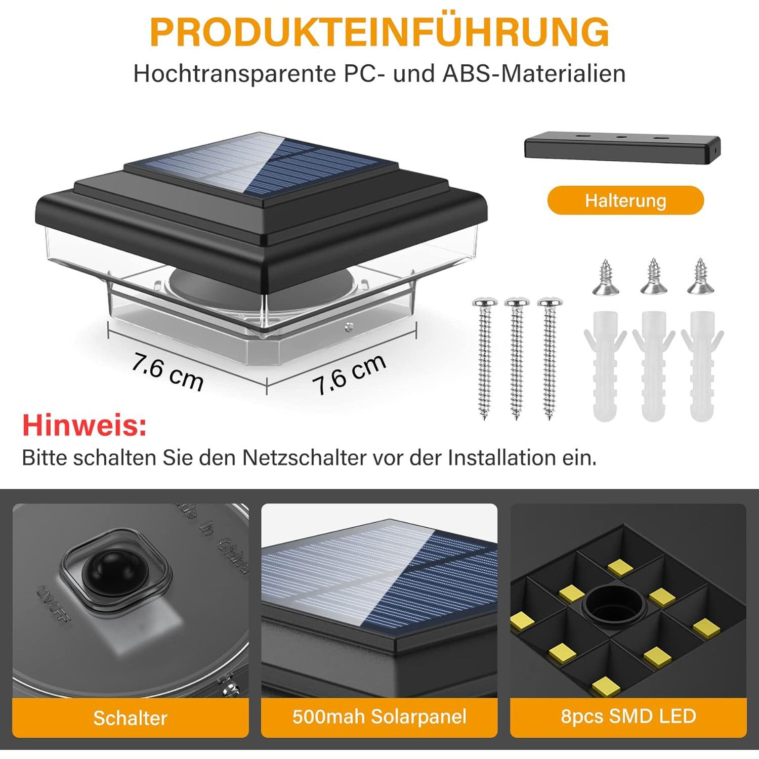 TUWENA Pfostenkappe 2 PCS Solar Pfostenkappen Licht Pfostenleuchte Außen Zaunpfosten Lampe (2 St), IP65 Wasserdicht für hölzerne Pfosten, Patio, Zaun beleuchtun – Bild 5 von 5