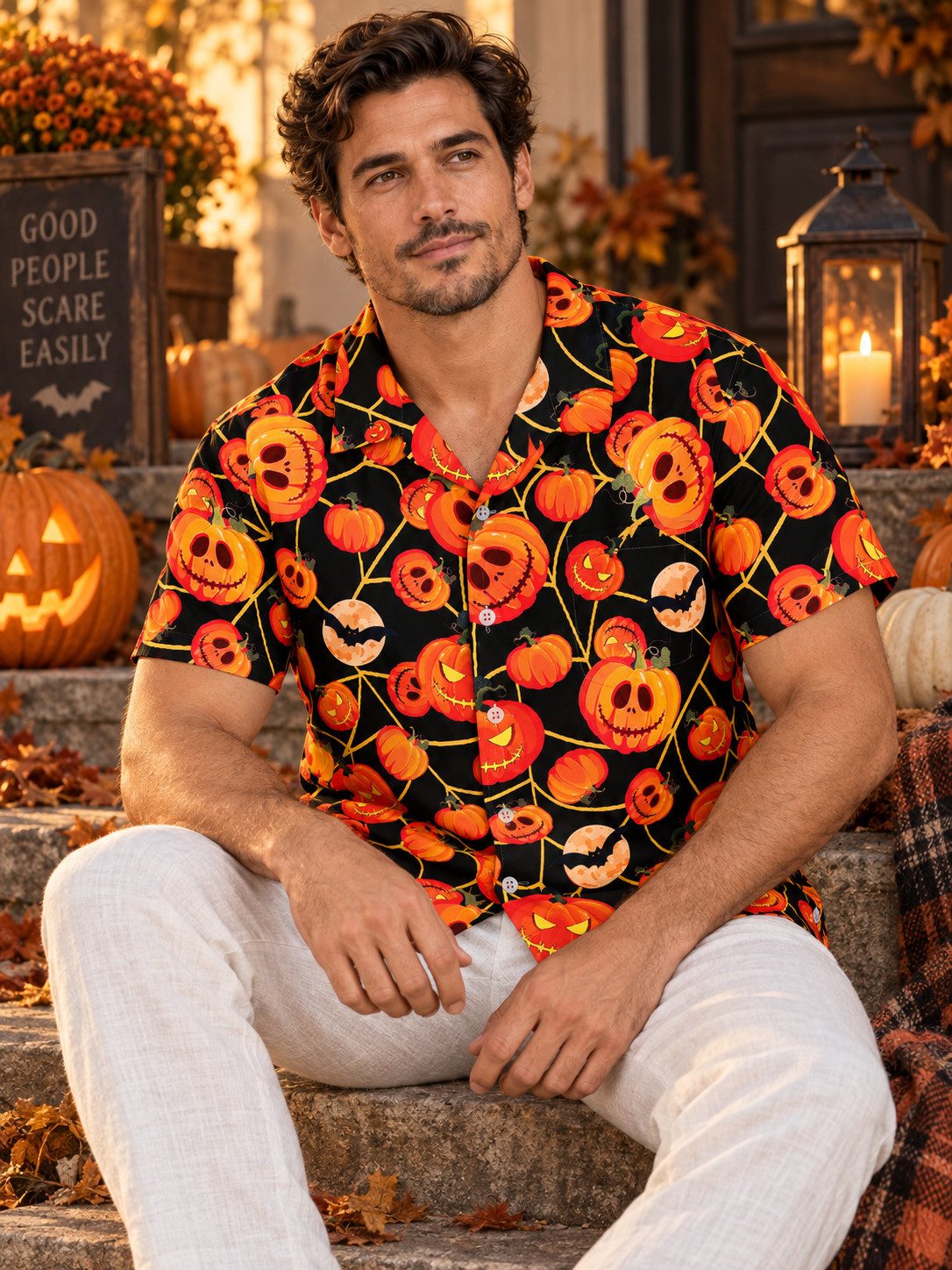 King Kameha Hawaiihemd "Halloween Pumpkin Web" Funky Hawaii-Hemd Kurzarm Front-Tasche Unisex – Bild 5 von 5