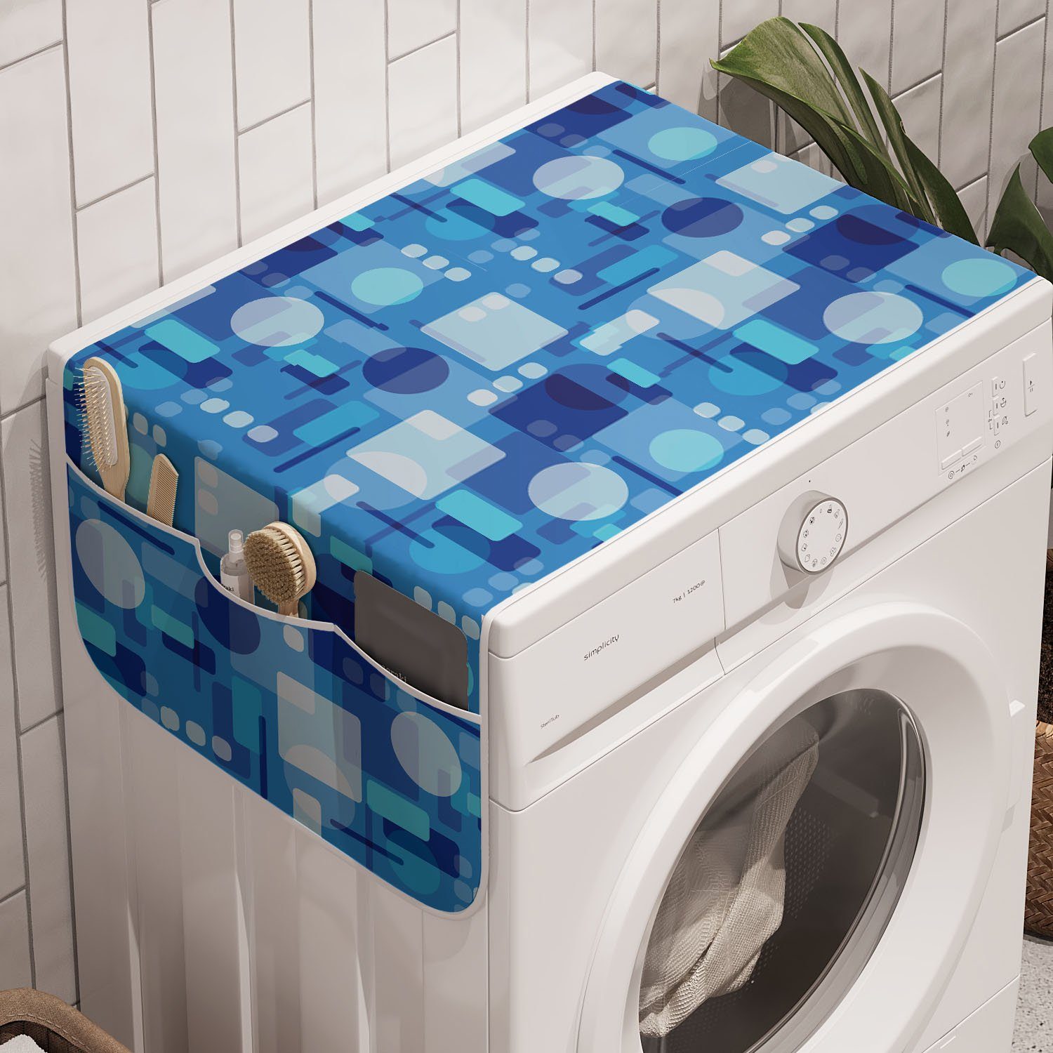 Abstrakte Motive Badorganizer Waschmaschine Geometrische und Anti-Rutsch-Stoffabdeckung Blau für Trockner, Abakuhaus