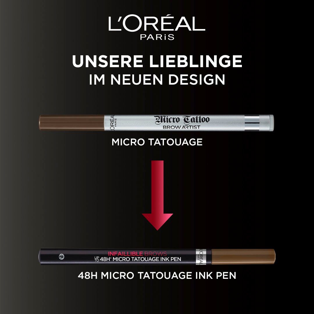 L'ORÉAL PARIS Augenbrauen-Stift Unbelieva Tatouage, Ebony Micro Brow 109 wischfest mit Dreizack-Spitze