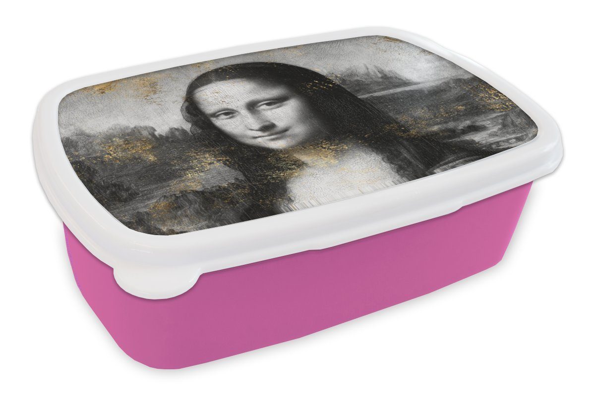 MuchoWow Lunchbox Mona Lisa - Leonardo da Vinci - Gold, Kunststoff, (2-tlg), Brotbox für Erwachsene, Brotdose Kinder, Snackbox, Mädchen, Kunststoff rosa