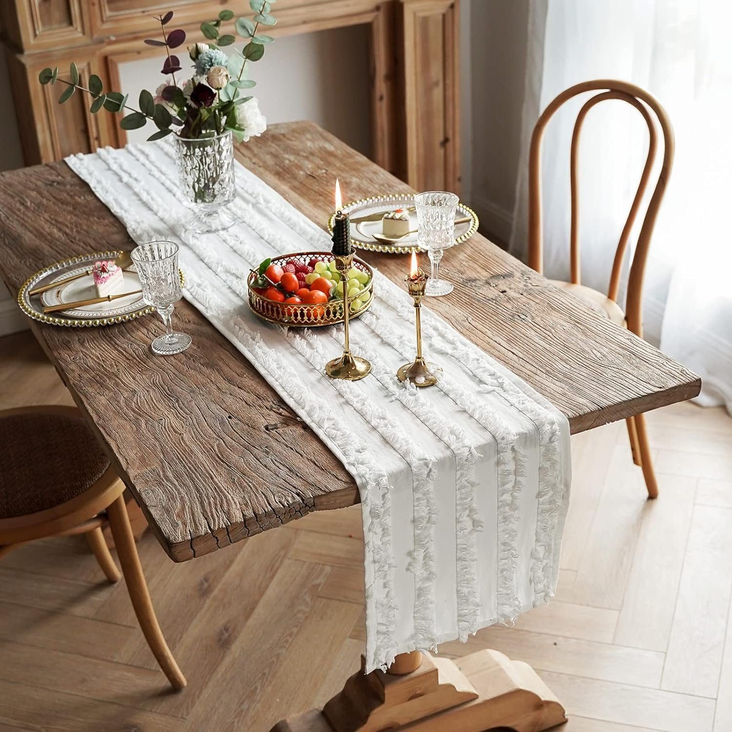 30*185cm FELIXLEO rustikaler Bauernhaus-Stil Weiß Tischläufer Naturstoff Tischläufer