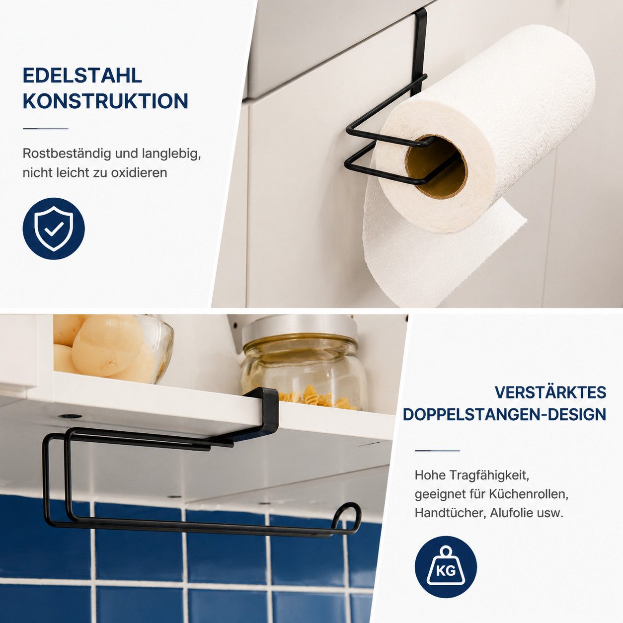 Diwzbyn Toilettenpapierhalter Küchenrollenhalter 2er Set, Edelstahl, Zum Einhängen, Ohne Bohren, passend für Schrankböden in Küche & Bad – Bild 4 von 5