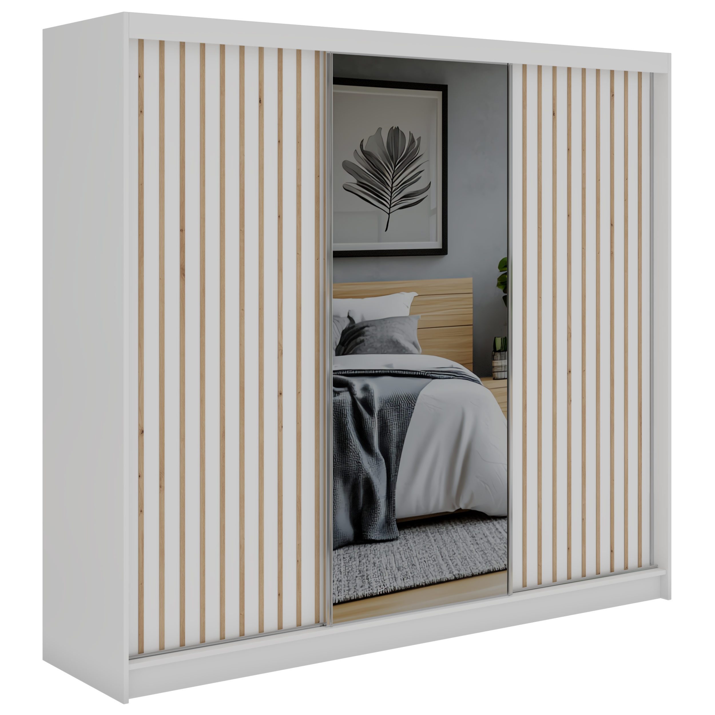 MKS MÖBEL Schiebetürenschrank LAOS 240 (Set mit/ohne Schubladen, Schwebetürenschrank mit Spiegel, Lamellen, Ganzkörperspiegel) Schwebetürenschrank 240 cm Breite – Bild 2 von 5